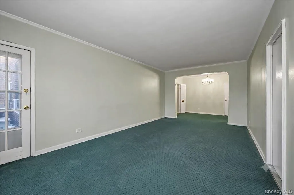 Spacious room featuring patterned green carpeting, light neutral wall paint, and white crown molding Spacious room featuring patterned green carpeting, light neutral wall paint, and white crown molding