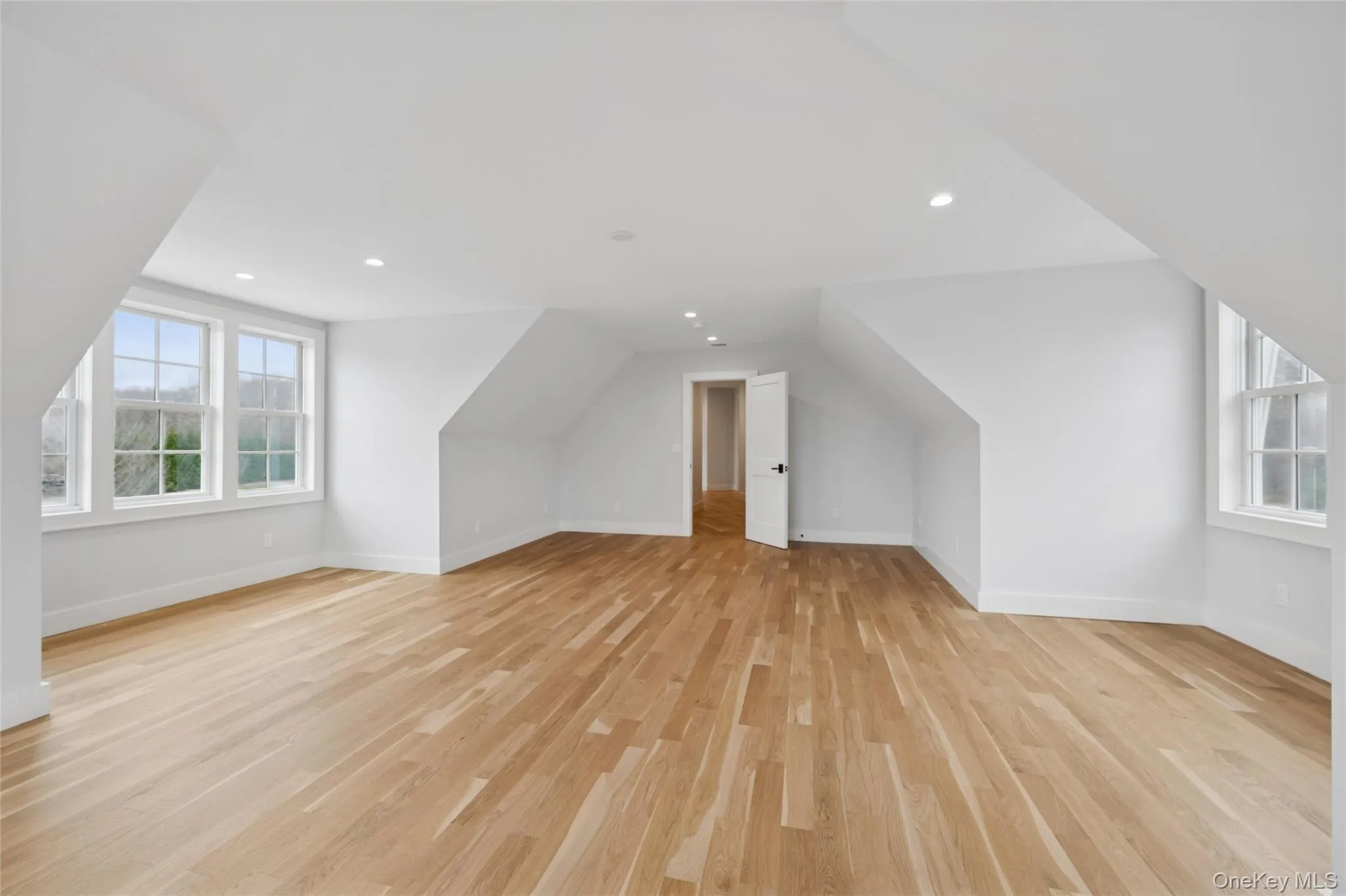 Bonus room featuring healthy amount of natural light, light wood finished floors, vaulted ceiling, and recessed lighting Bonus room featuring healthy amount of natural light, light wood finished floors, vaulted ceiling, and recessed lighting
