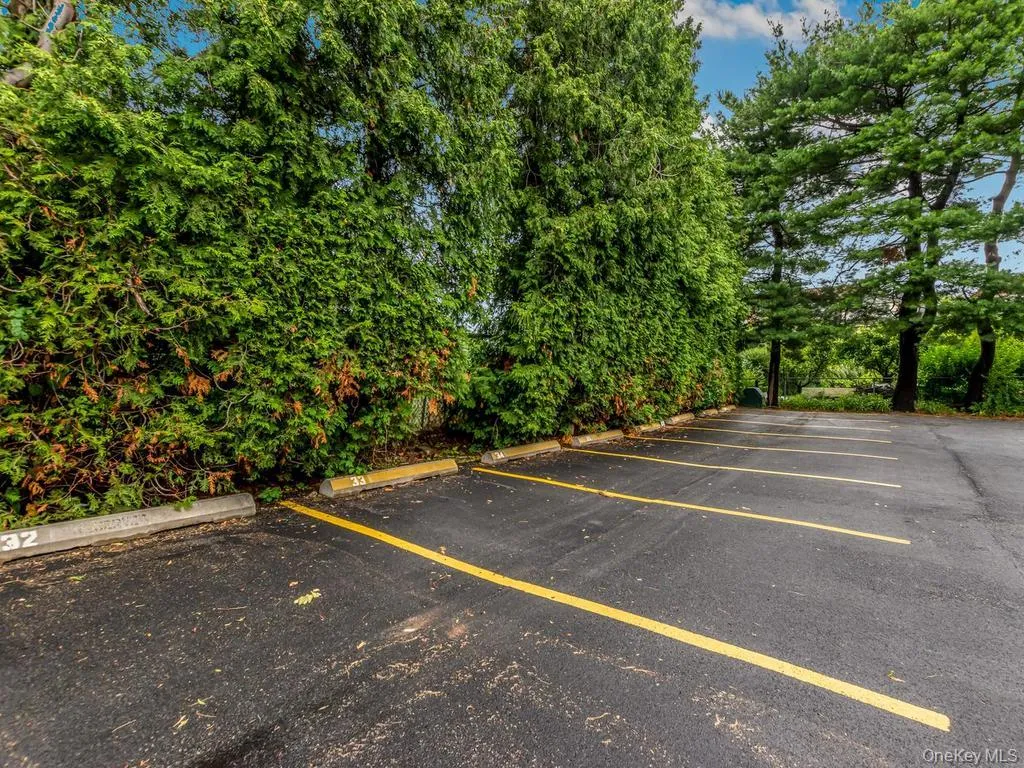 Paved parking area featuring multiple marked spaces and concrete parking blocks Paved parking area featuring multiple marked spaces and concrete parking blocks