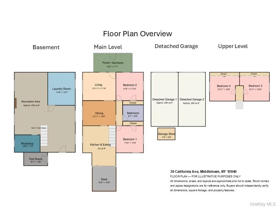 Floor plan overview showing the home’s main level, upper level, basement, detached garage, and storage shed. Floor plan overview showing the home’s main level, upper level, basement, detached garage, and storage shed.