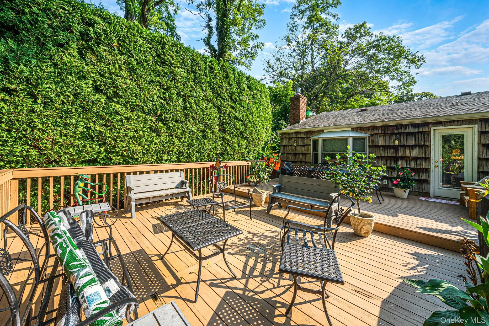 Expansive outdoor deck with natural wood finish, privacy hedging, and wood-sided exterior Expansive outdoor deck with natural wood finish, privacy hedging, and wood-sided exterior