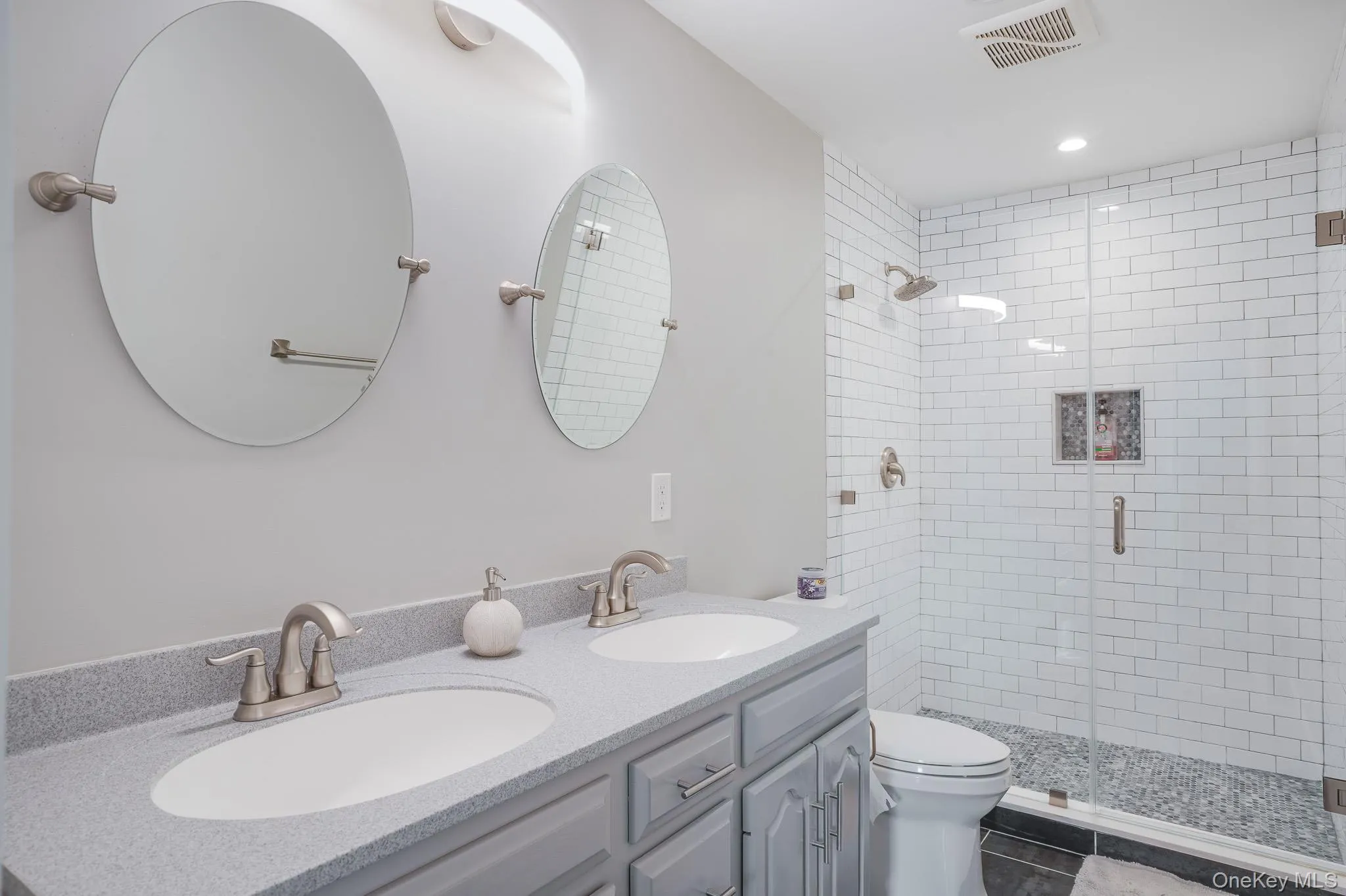 Hallway bathroom with double vanity. Hallway bathroom with double vanity.
