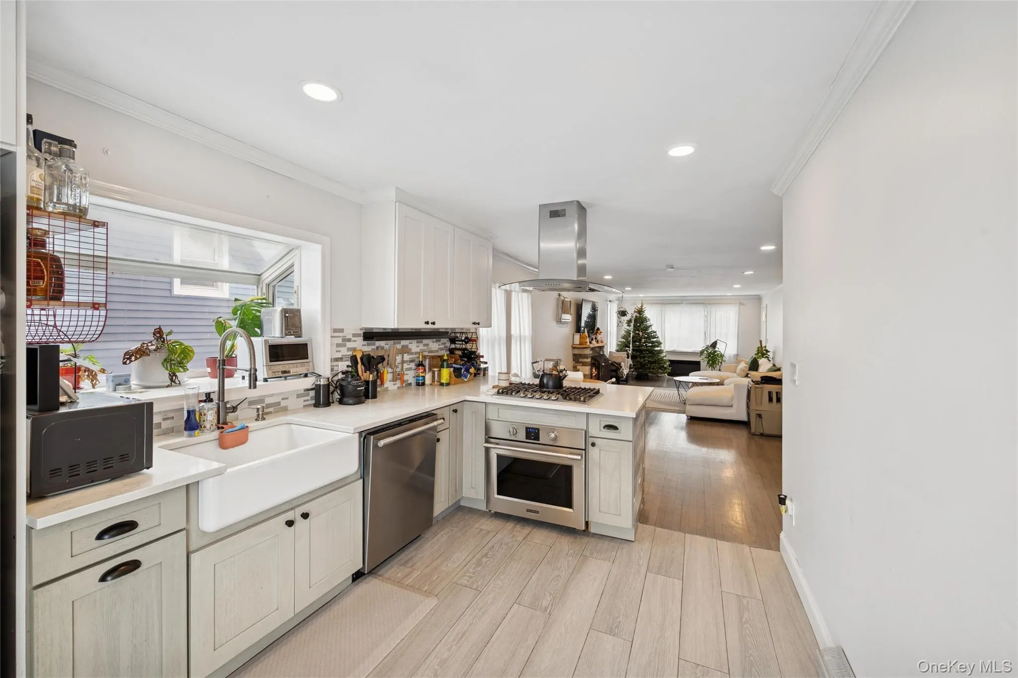 Kitchen with open floor plan, stainless steel appliances, crown molding, healthy amount of natural light, and light wood-style floors Kitchen with open floor plan, stainless steel appliances, crown molding, healthy amount of natural light, and light wood-style floors