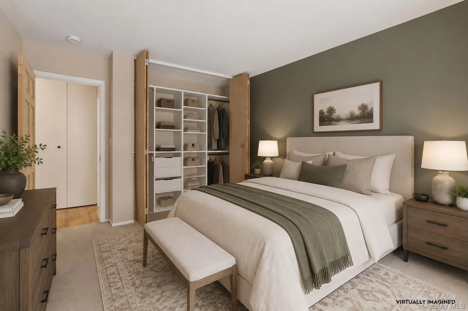 We've carried the accent color into the bedroom to imagine how this theme would carry throughout the unit. We've carried the accent color into the bedroom to imagine how this theme would carry throughout the unit.