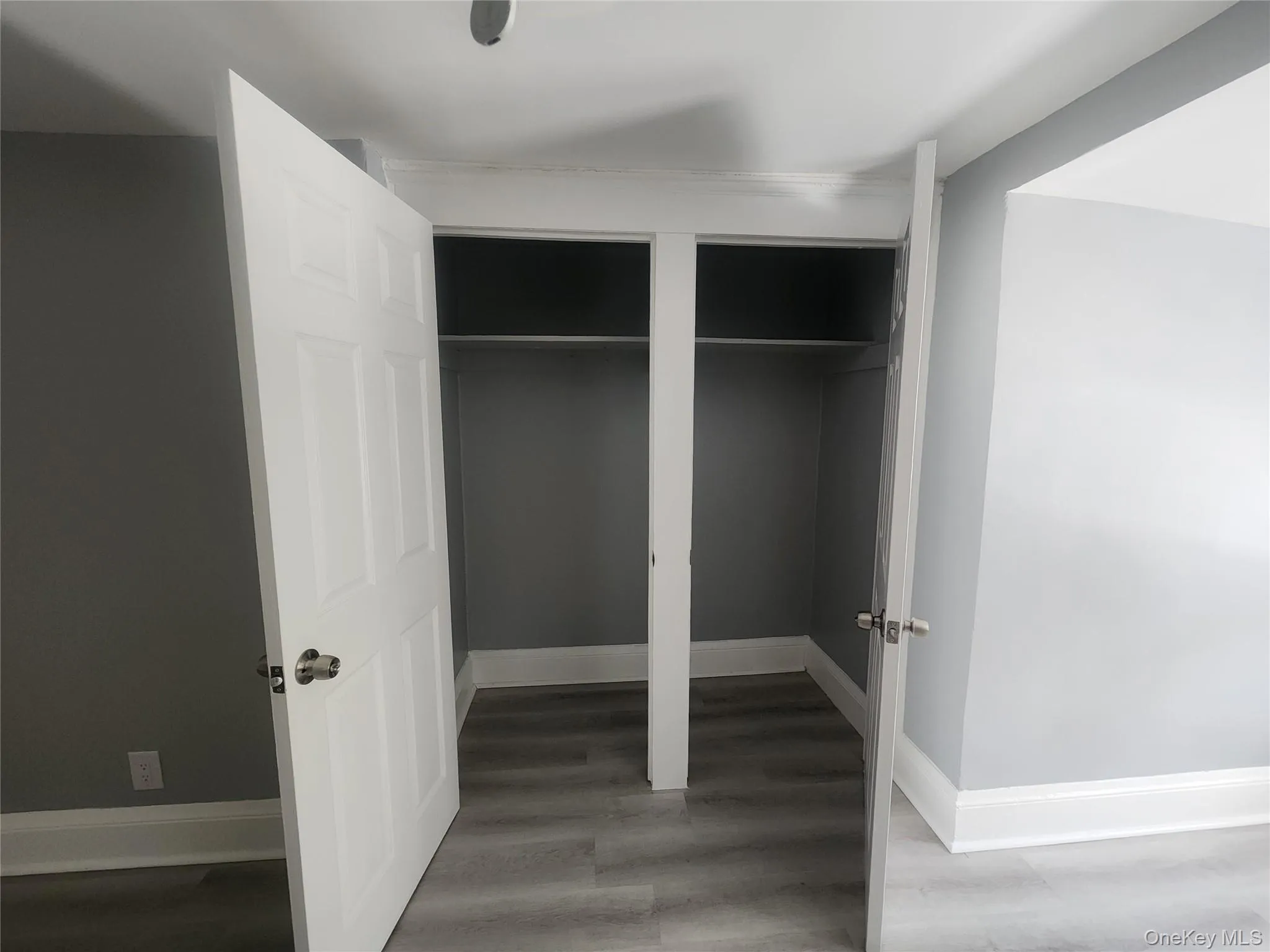 Dual-door closet featuring white panel doors, gray painted interior walls, and a hanging rod Dual-door closet featuring white panel doors, gray painted interior walls, and a hanging rod