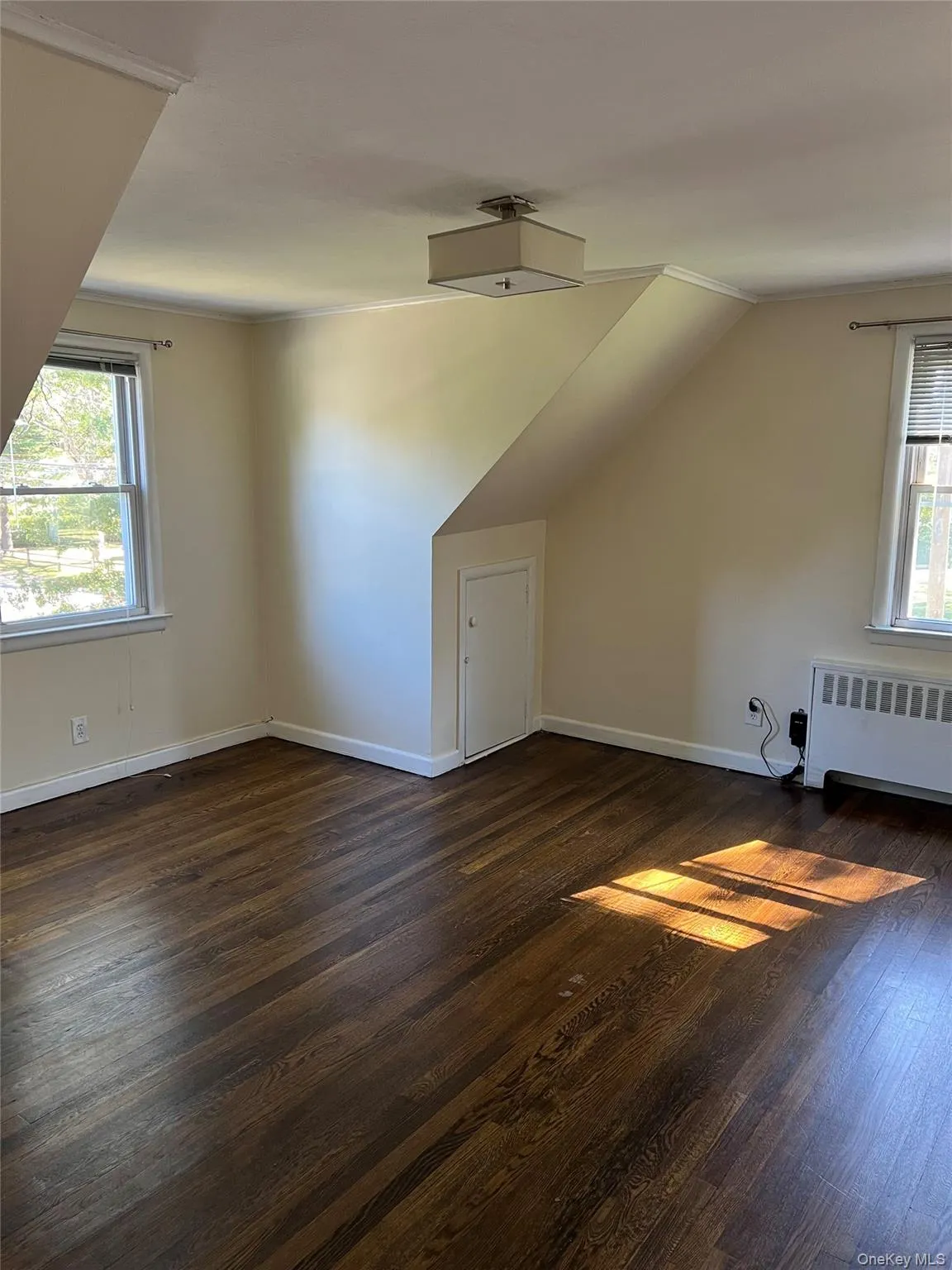 Bonus room with healthy amount of natural light, radiator heating unit, dark wood-style floors, and vaulted ceiling Bonus room with healthy amount of natural light, radiator heating unit, dark wood-style floors, and vaulted ceiling