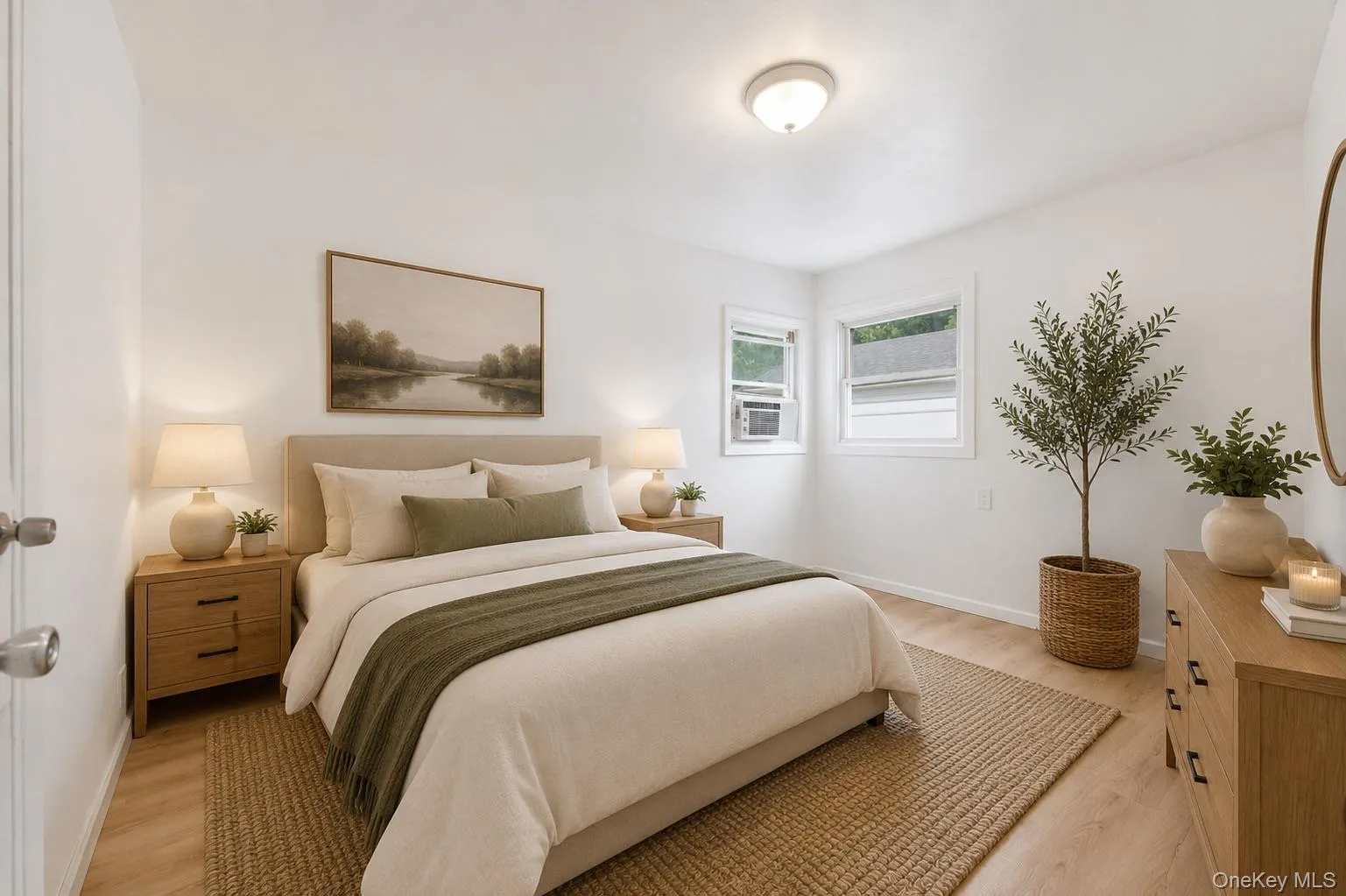 Bedroom featuring wood-finish flooring, two windows, and a flush-mount ceiling light fixture Bedroom featuring wood-finish flooring, two windows, and a flush-mount ceiling light fixture