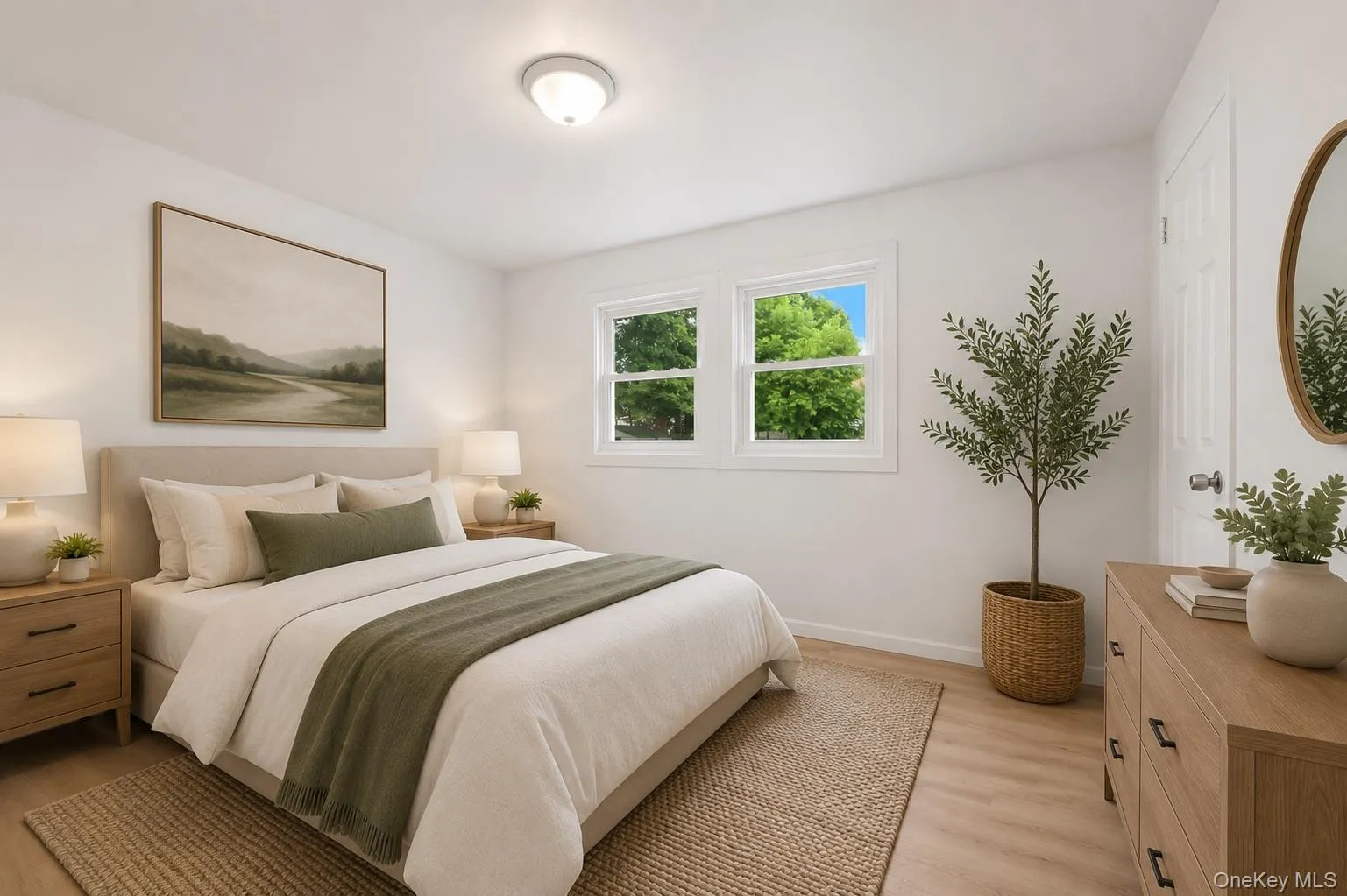 Bright bedroom with two white-framed windows, light wood-finish flooring, and a flush-mount ceiling light fixture Bright bedroom with two white-framed windows, light wood-finish flooring, and a flush-mount ceiling light fixture