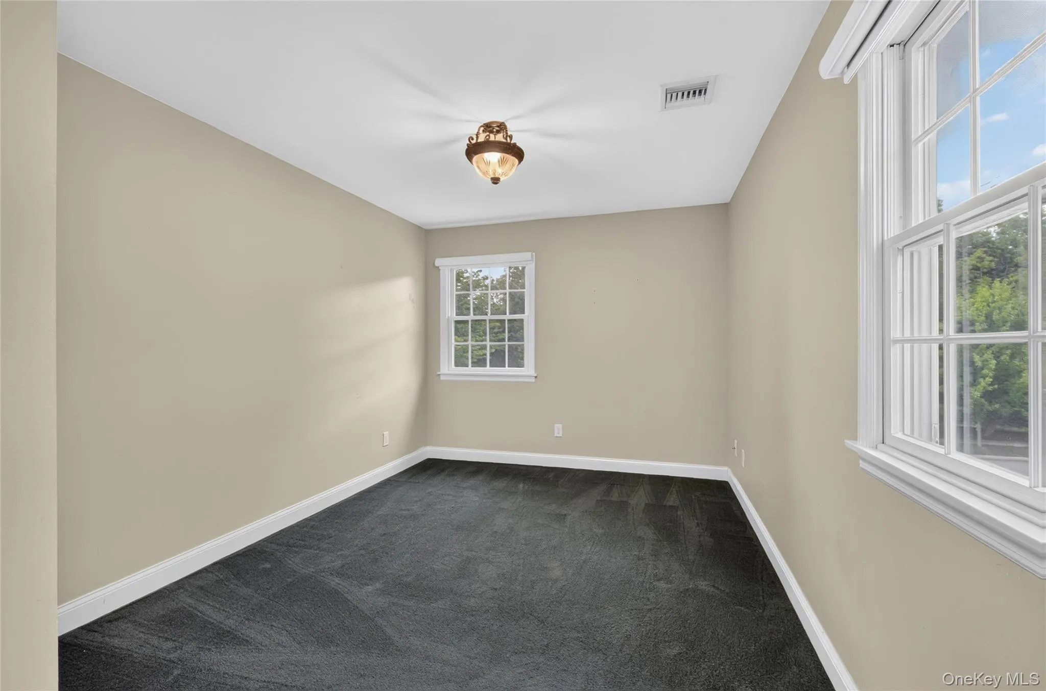 Neutral-toned walls complement the dark carpeting Neutral-toned walls complement the dark carpeting