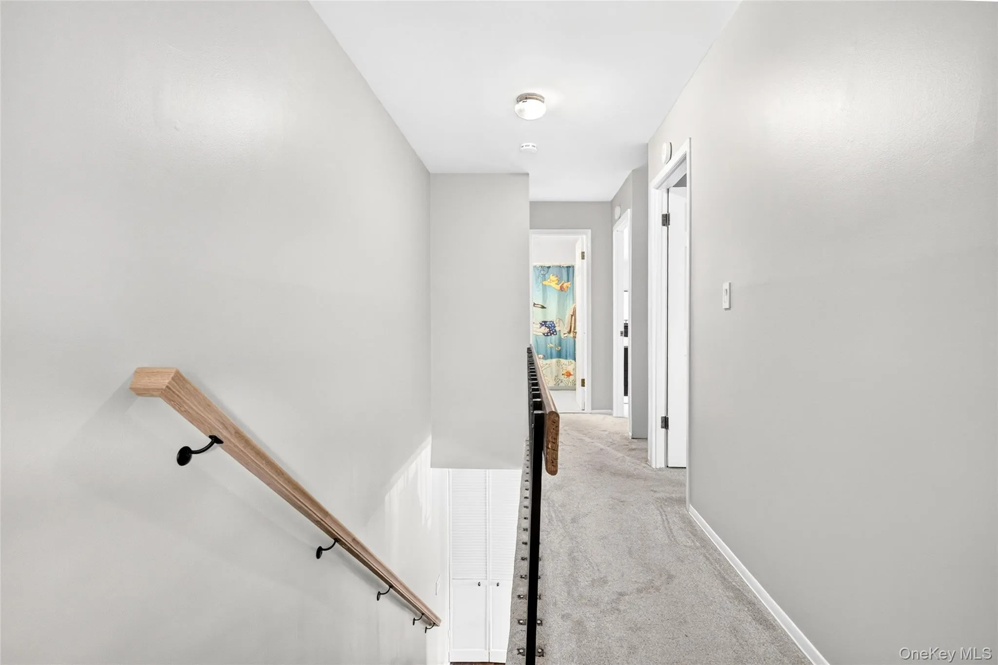 Hallway featuring light gray wall paint, recessed lighting, and carpeting Hallway featuring light gray wall paint, recessed lighting, and carpeting