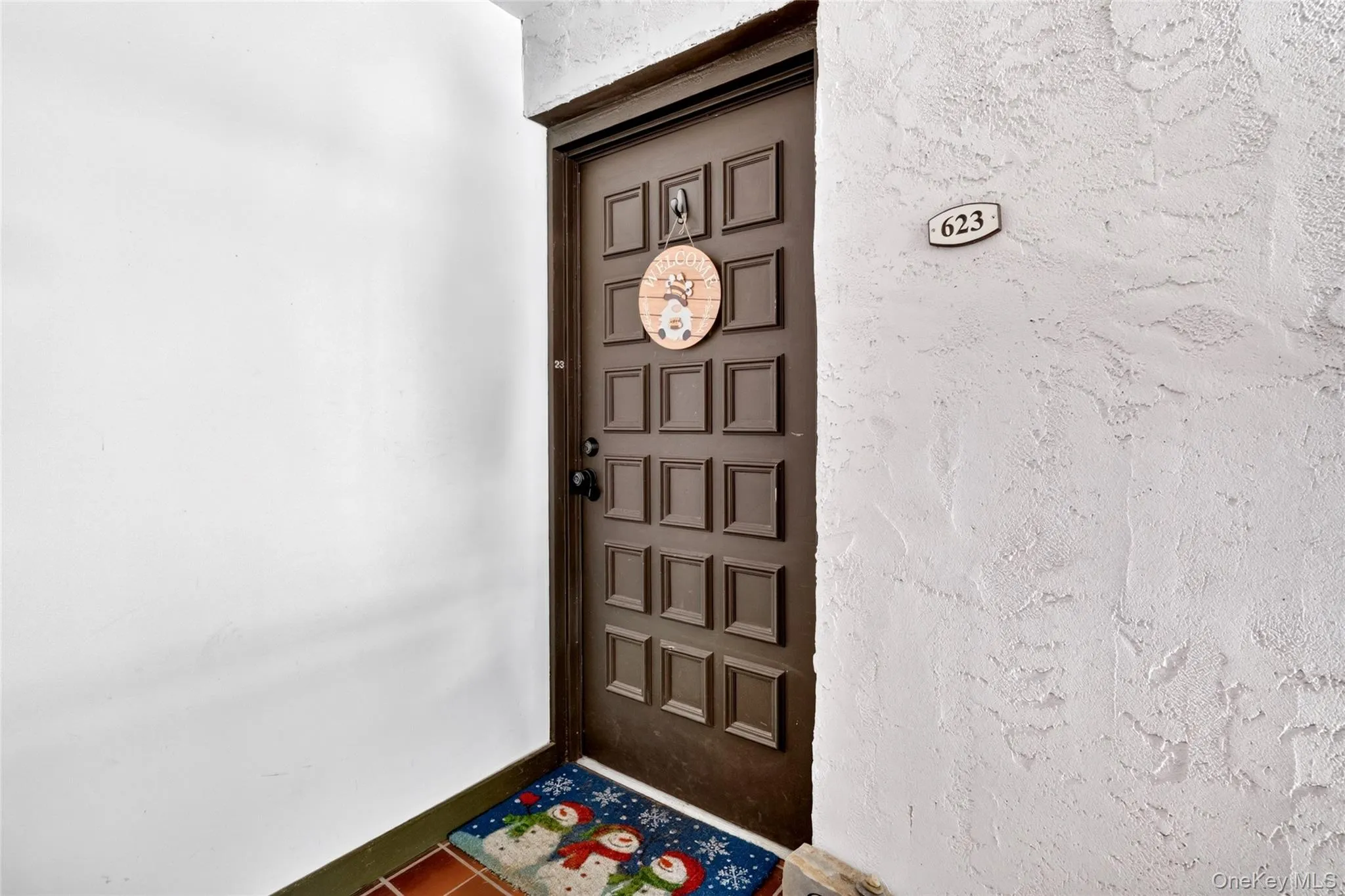 Entry door featuring a traditional panel design and dark finish, set within a white textured wall Entry door featuring a traditional panel design and dark finish, set within a white textured wall