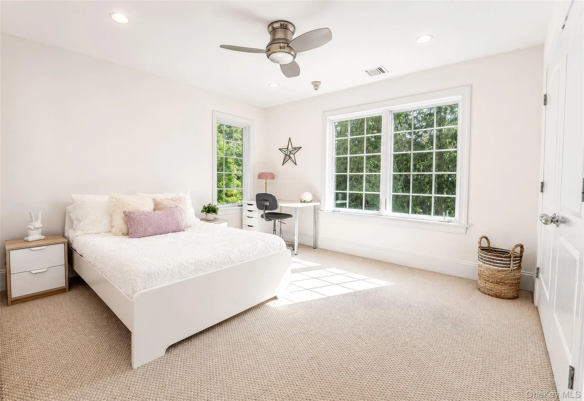 Bedroom 2 with lighted ceiling fan and recessed lights. Bedroom 2 with lighted ceiling fan and recessed lights.