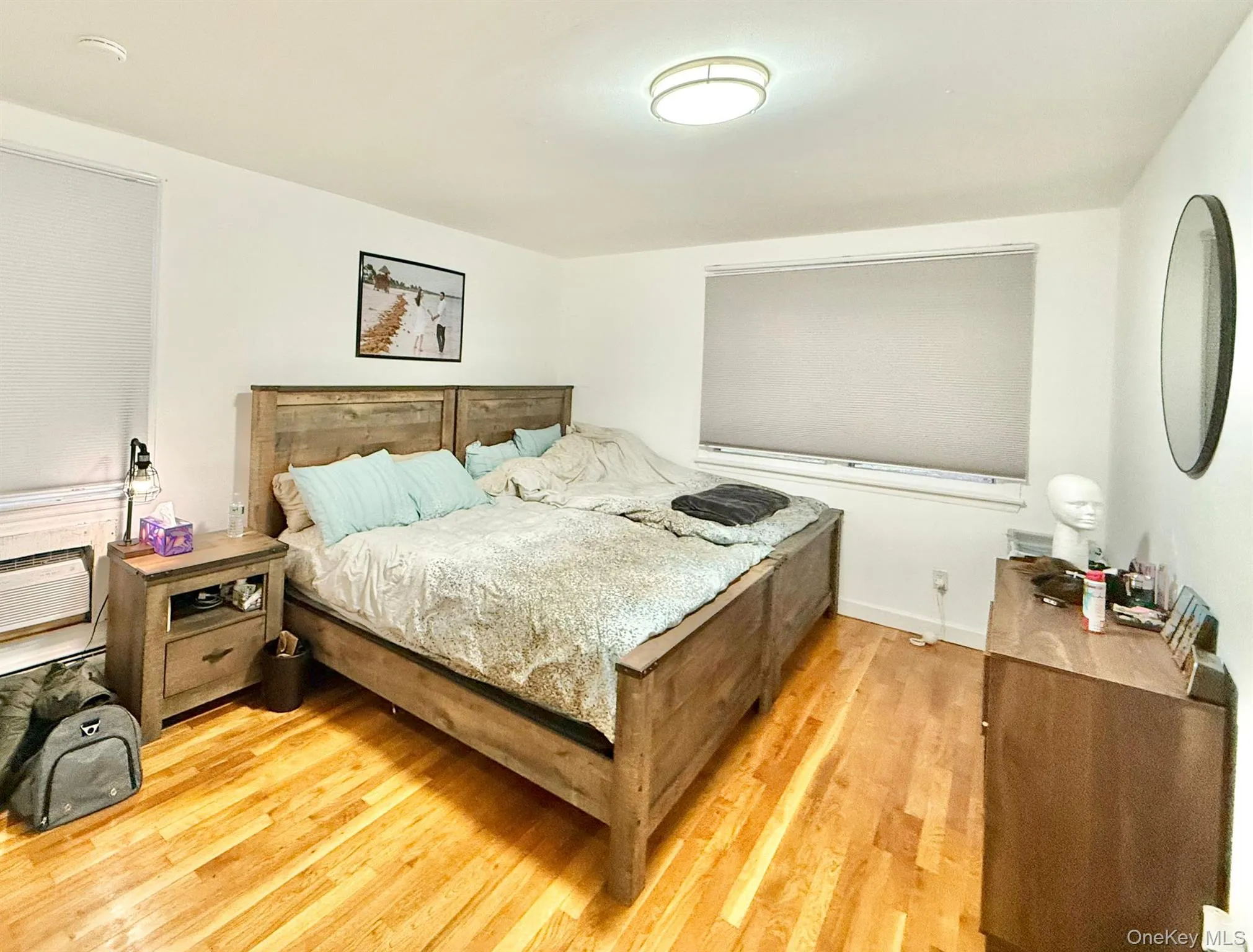 Bedroom featuring wood-finish flooring, a flush-mount ceiling light fixture, and a window with a roller shade Bedroom featuring wood-finish flooring, a flush-mount ceiling light fixture, and a window with a roller shade