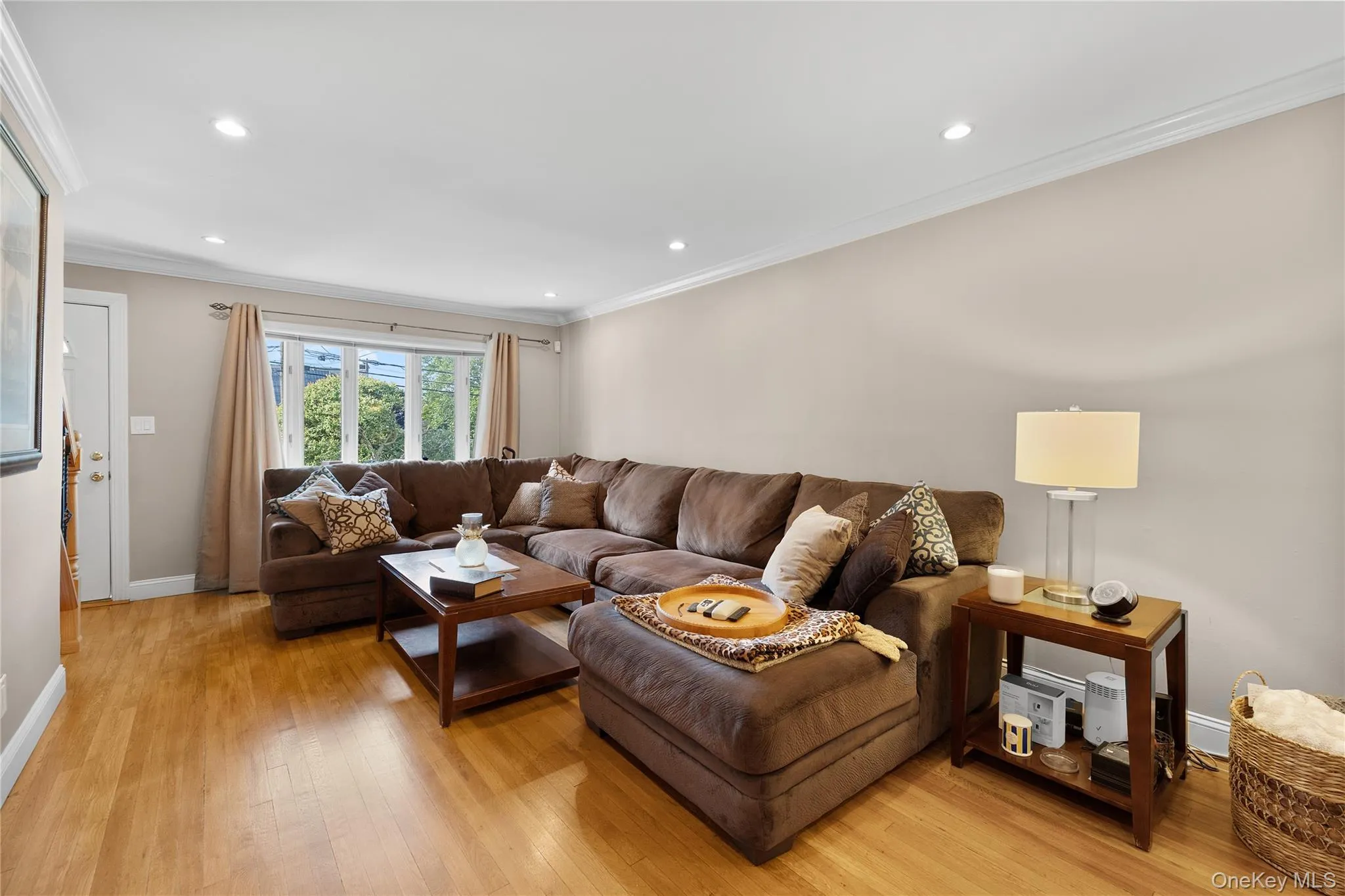 Spacious living area featuring light wood-finish flooring, recessed lighting, and crown molding Spacious living area featuring light wood-finish flooring, recessed lighting, and crown molding
