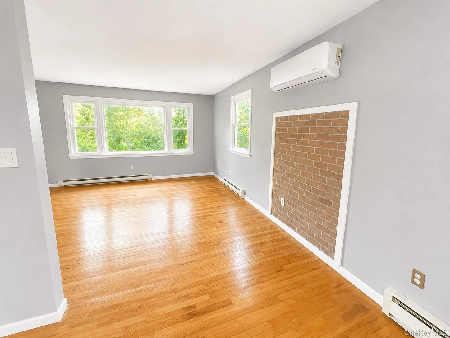 Bright room featuring hardwood flooring and light gray walls Bright room featuring hardwood flooring and light gray walls