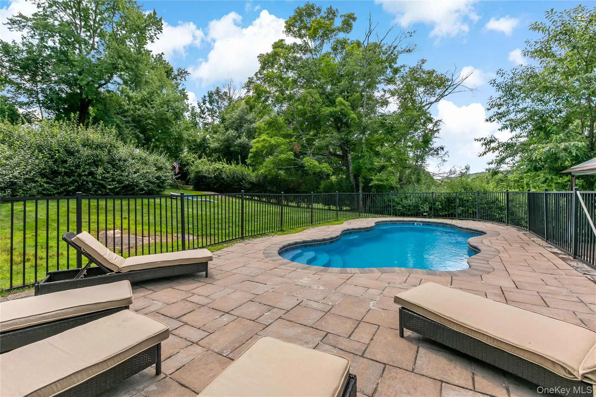 Lounge area around the pool looking up towards backyard. Lounge area around the pool looking up towards backyard.