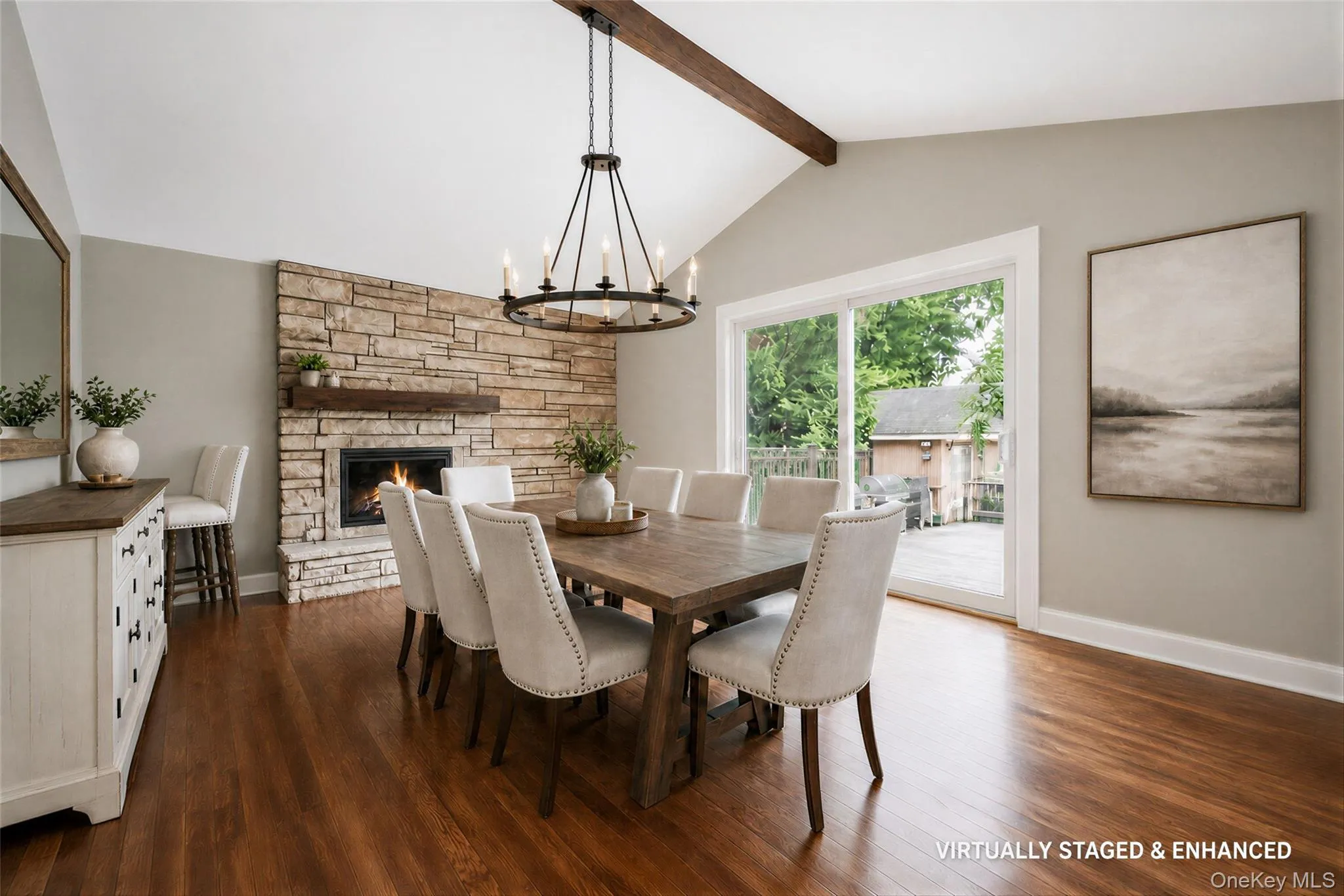 DR w/ wood burning fireplace, slider to deck, wet bar w/ wine fridge DR w/ wood burning fireplace, slider to deck, wet bar w/ wine fridge