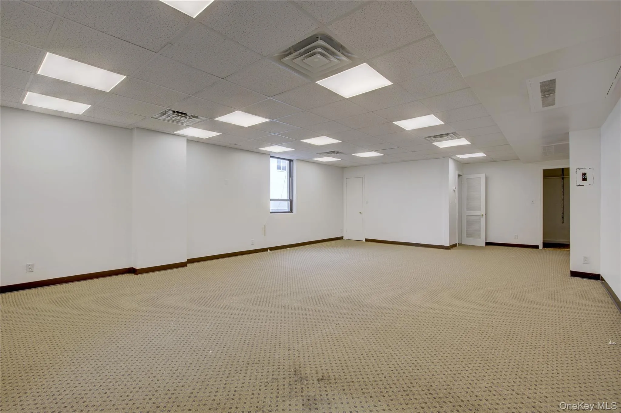 Spare room featuring baseboards, light colored carpet, and a drop ceiling Spare room featuring baseboards, light colored carpet, and a drop ceiling