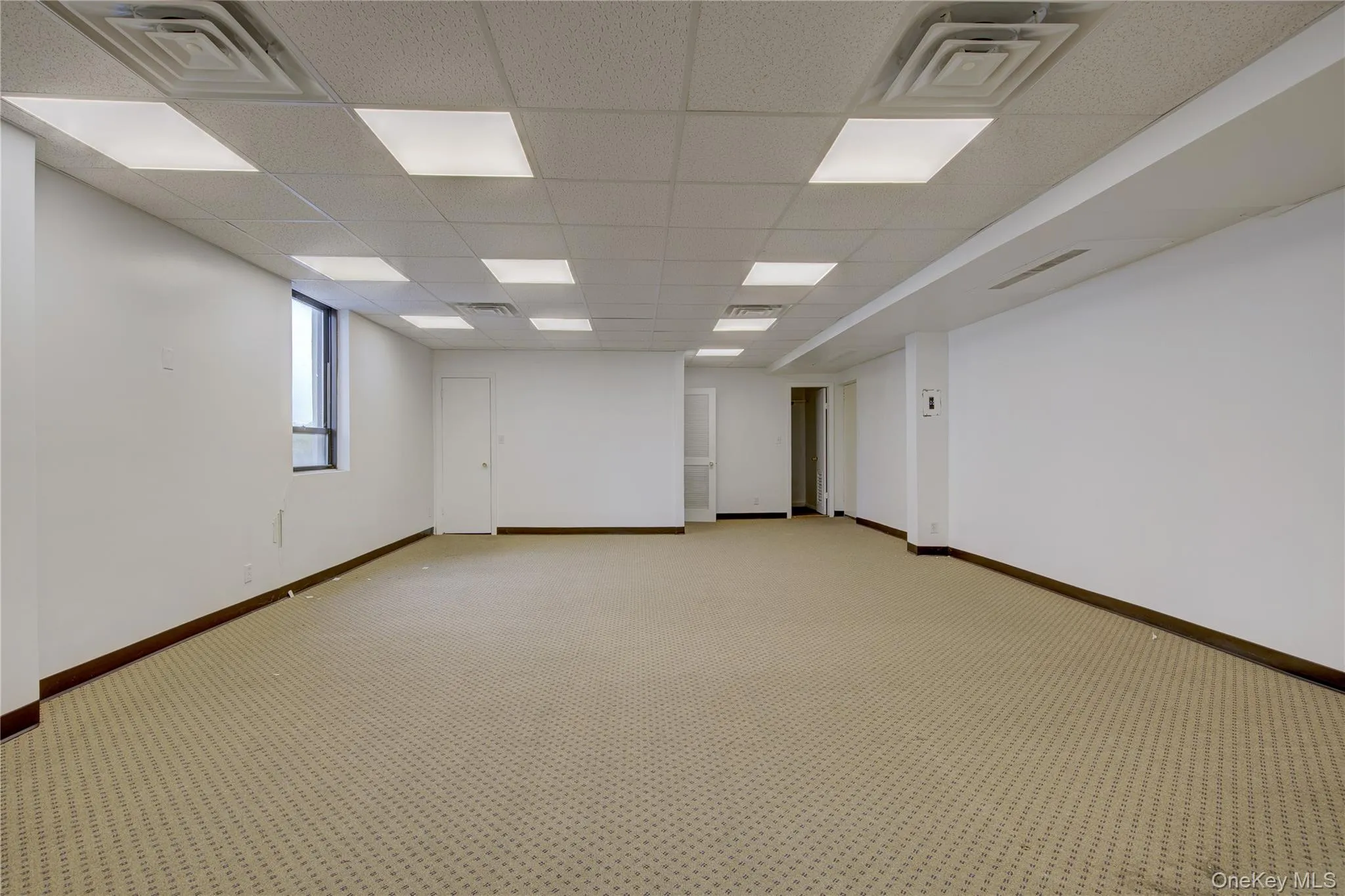 Spare room with baseboards, a paneled ceiling, and light carpet Spare room with baseboards, a paneled ceiling, and light carpet