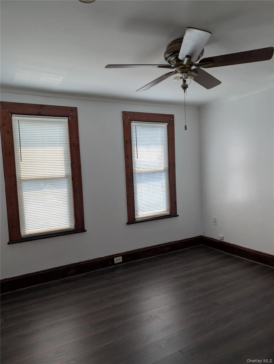 Ceiling fan/light, vinyl-finish flooring, two windows with blinds, Ceiling fan/light, vinyl-finish flooring, two windows with blinds,