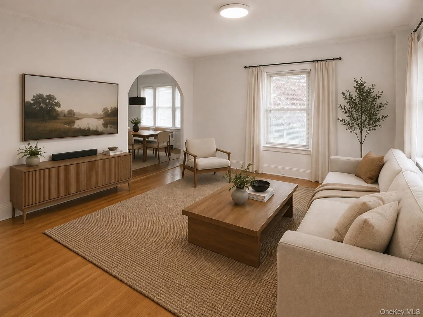 Bright living room leading into dining room, virtually staged Bright living room leading into dining room, virtually staged