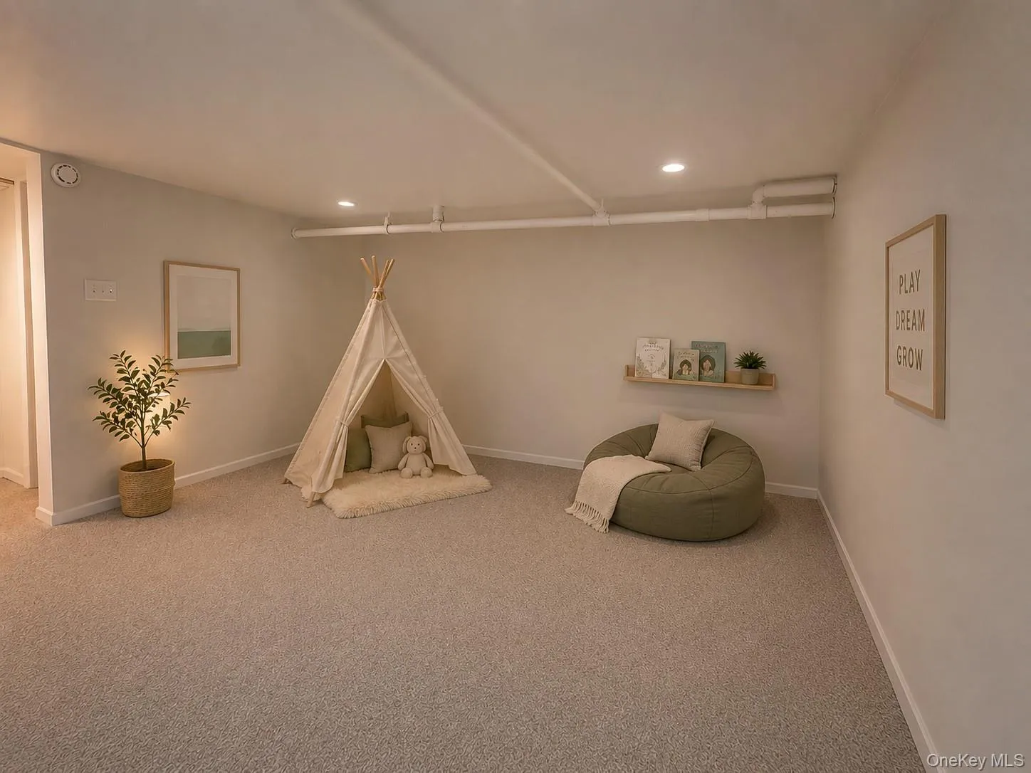 Recreation space in lower level, virtually staged Recreation space in lower level, virtually staged