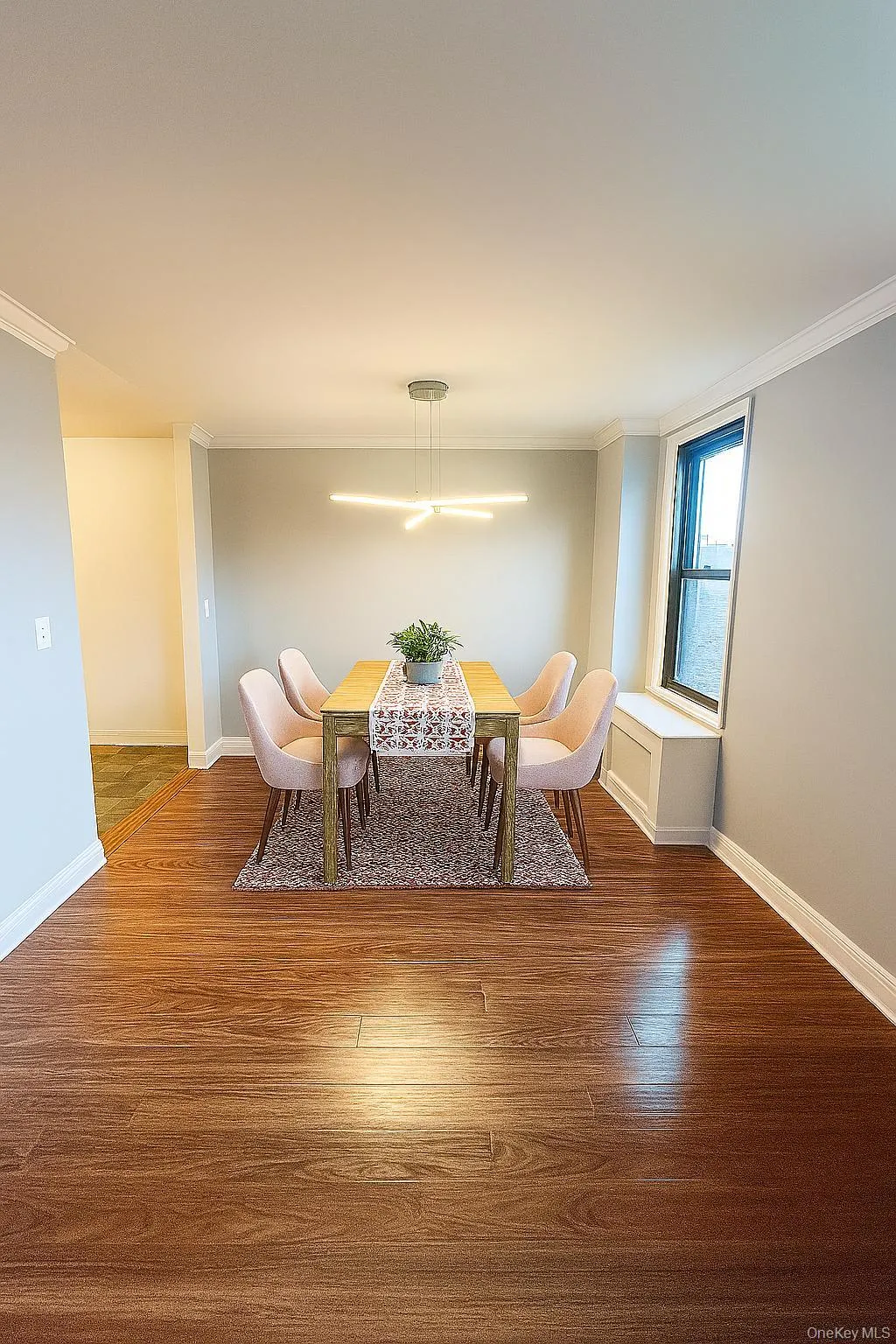 Virtually staged dining room. Virtually staged dining room.