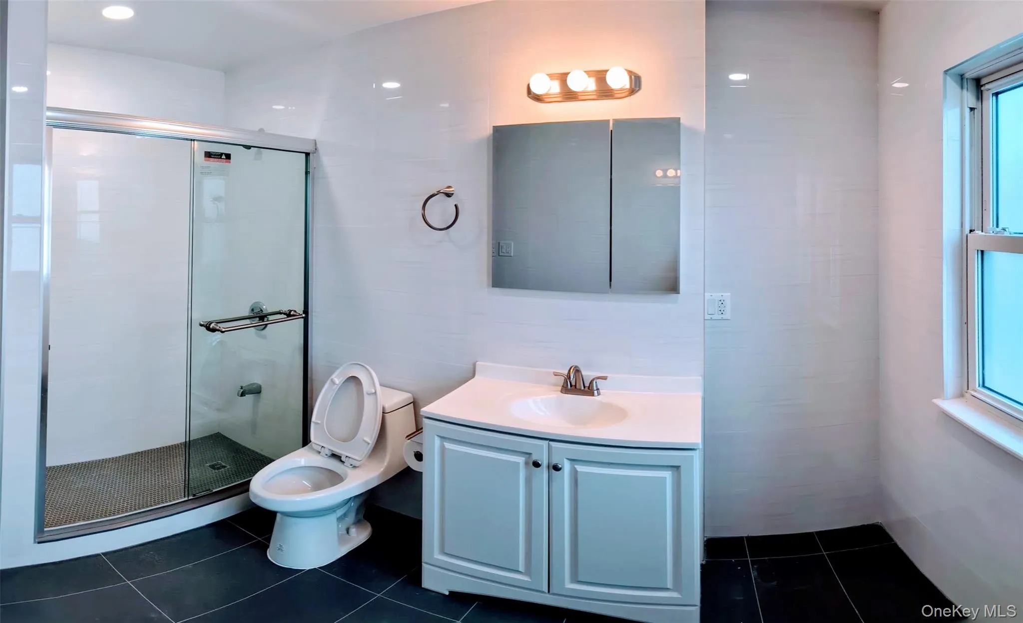 Bathroom with toilet, tile patterned floors, vanity, and a stall shower Bathroom with toilet, tile patterned floors, vanity, and a stall shower