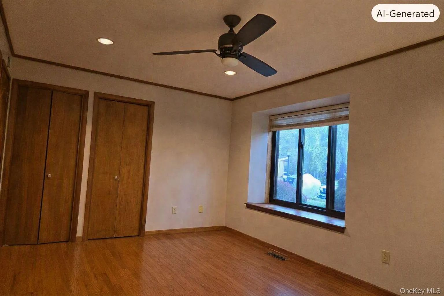 View of the 2nd Bedroom (Guest or Child's). showing the window, ceiling fan, recent lighting, hardwood flooring and closets. View of the 2nd Bedroom (Guest or Child's). showing the window, ceiling fan, recent lighting, hardwood flooring and closets.
