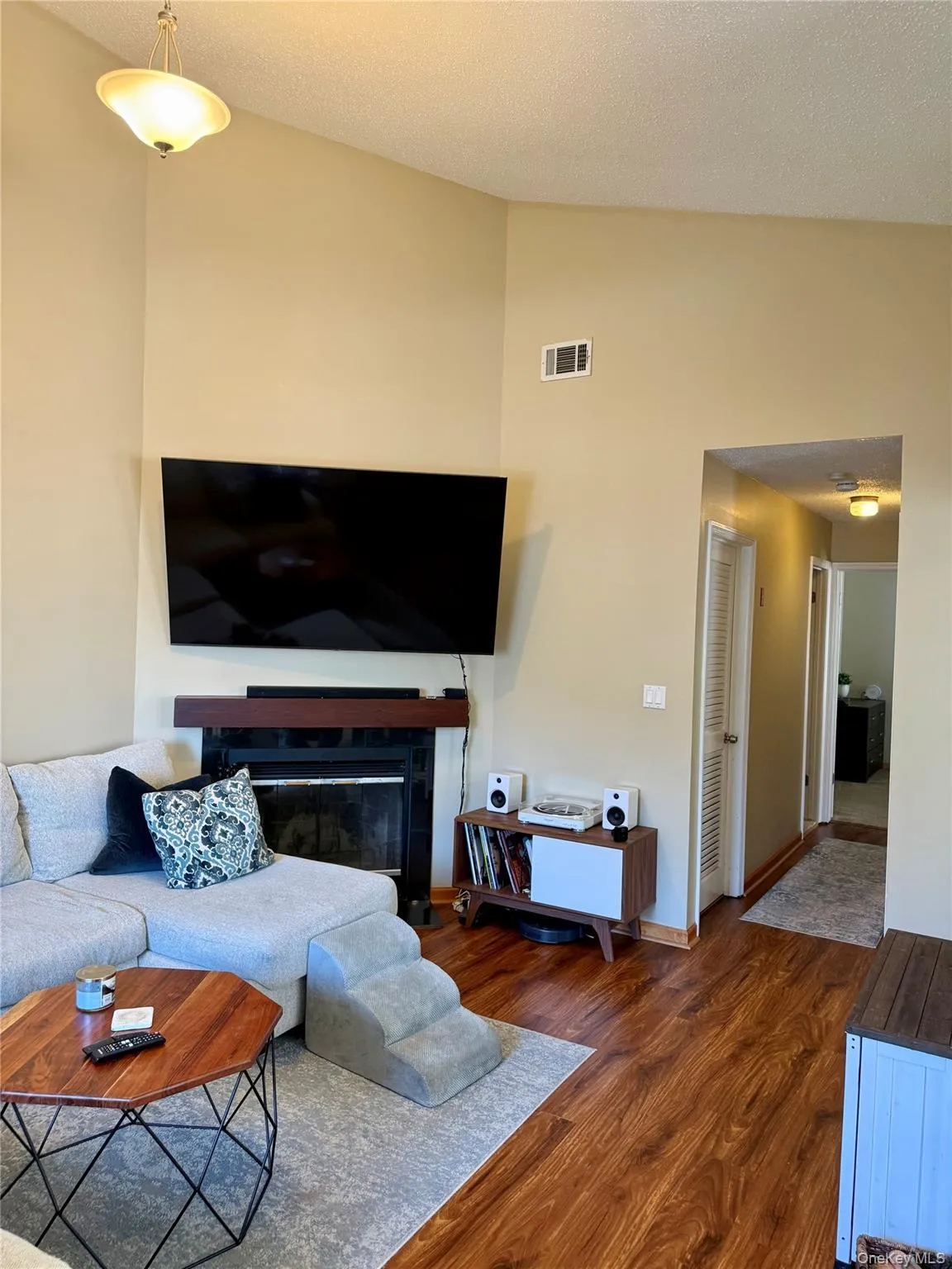 Living area with wood finished floors, vaulted ceiling, a glass covered fireplace, and a textured ceiling Living area with wood finished floors, vaulted ceiling, a glass covered fireplace, and a textured ceiling