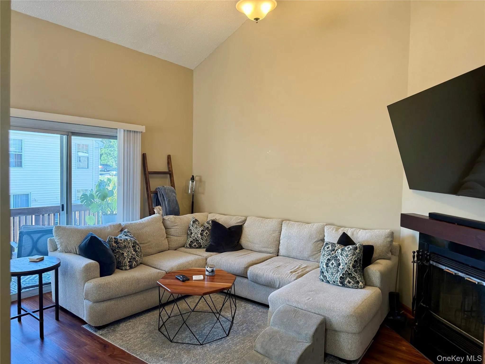 Living room with wood finished floors, a glass covered fireplace, and high vaulted ceiling Living room with wood finished floors, a glass covered fireplace, and high vaulted ceiling