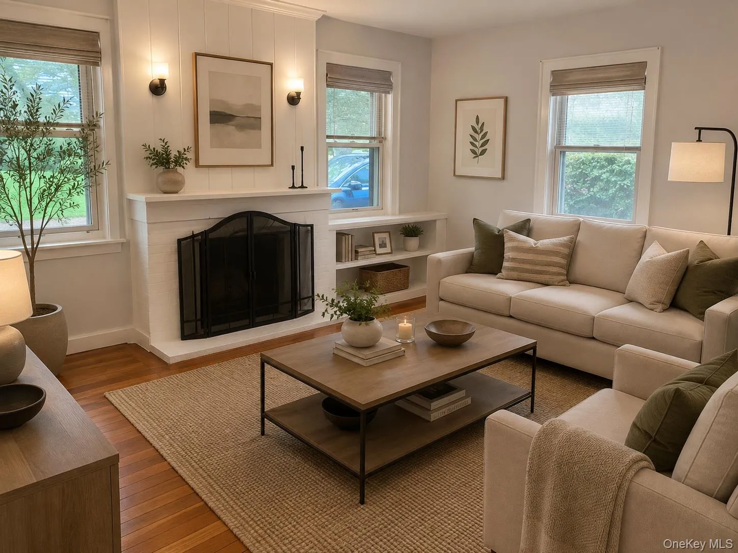 Fireplace, built-in shelving, wood floors, wall sconces. Virtually staged furniture Fireplace, built-in shelving, wood floors, wall sconces. Virtually staged furniture