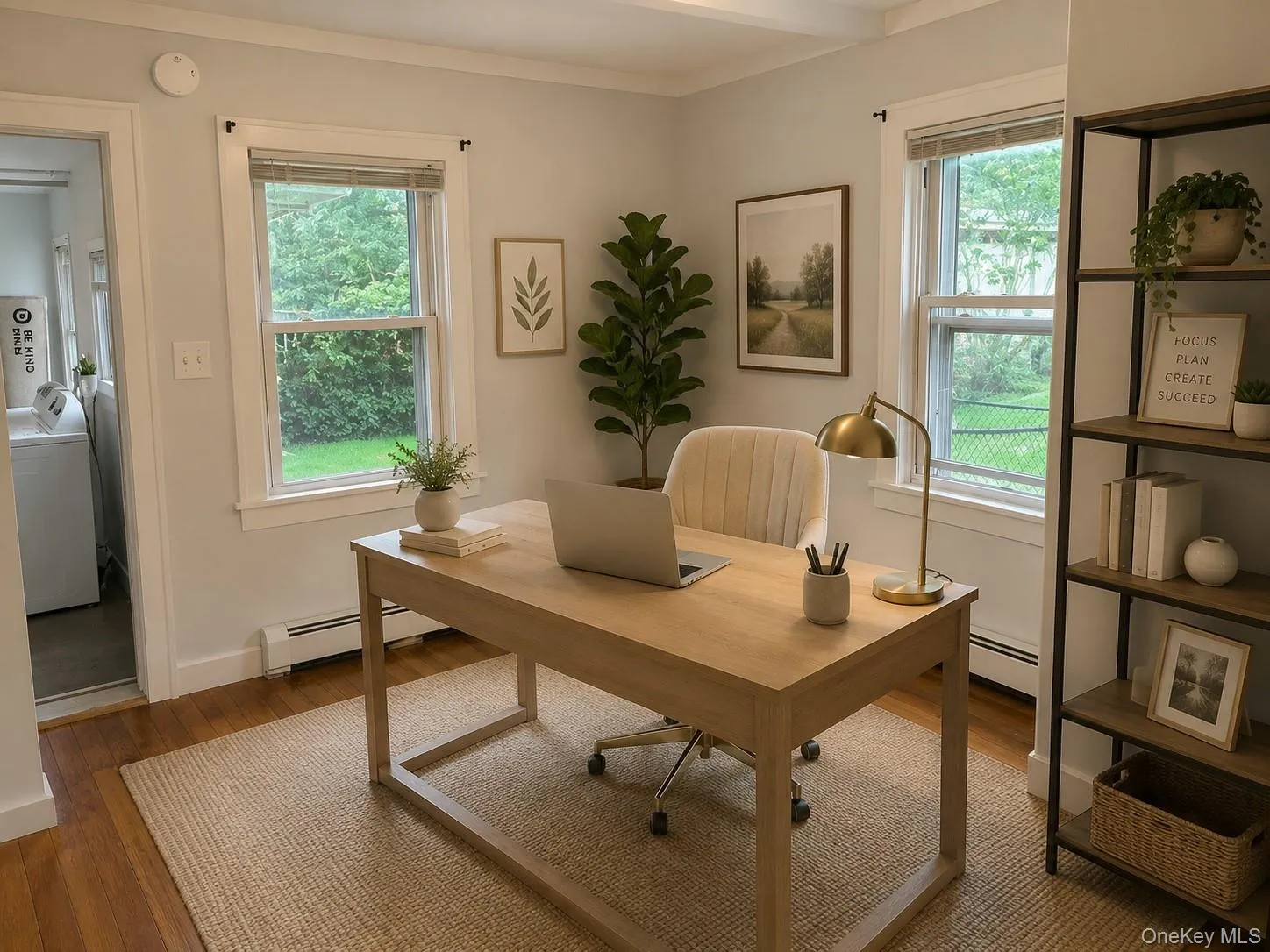 Second bedroom virtually staged as office, wood floors Second bedroom virtually staged as office, wood floors