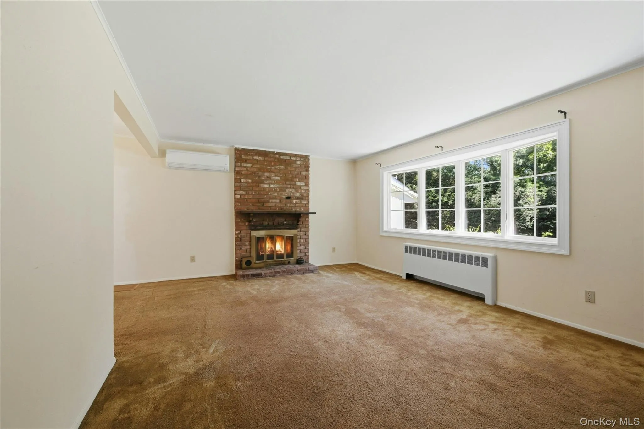 Large living room with wood burning fireplace and hardwood floors under carpet Large living room with wood burning fireplace and hardwood floors under carpet