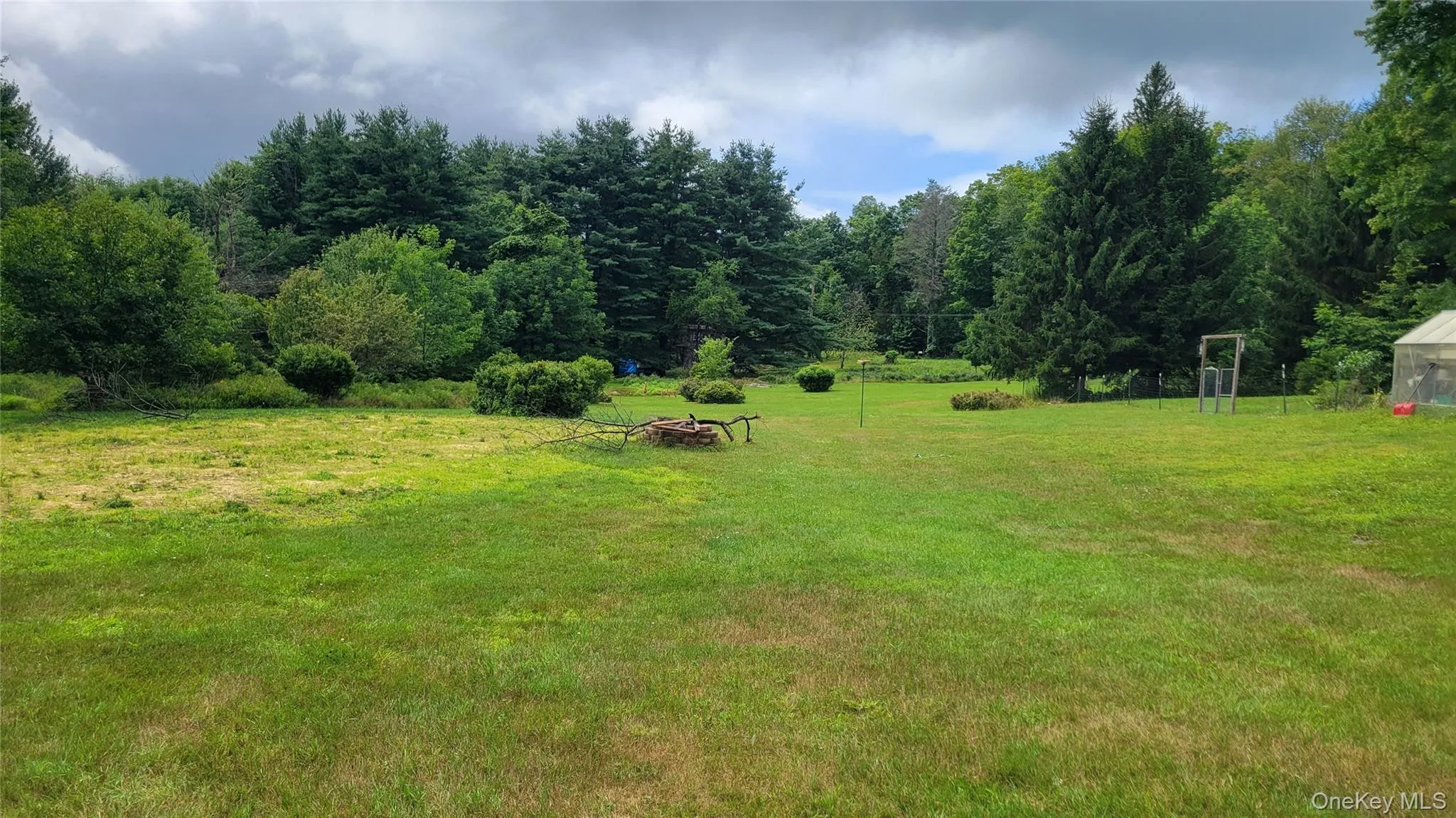 Expansive green lawn surrounded by mature trees, featuring a greenhouse structure and a distant wooded perimeter Expansive green lawn surrounded by mature trees, featuring a greenhouse structure and a distant wooded perimeter