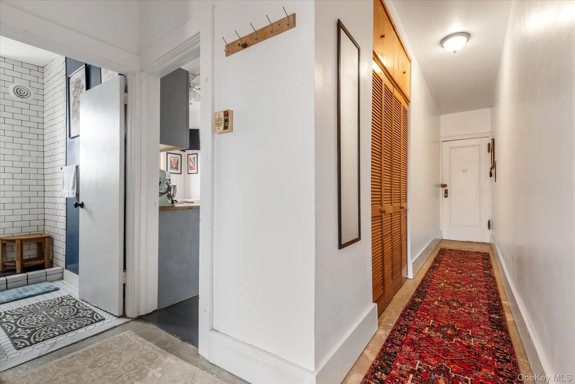 Entryway featuring a built-in louvered wood closet, overhead lighting, and wood-finish flooring Entryway featuring a built-in louvered wood closet, overhead lighting, and wood-finish flooring
