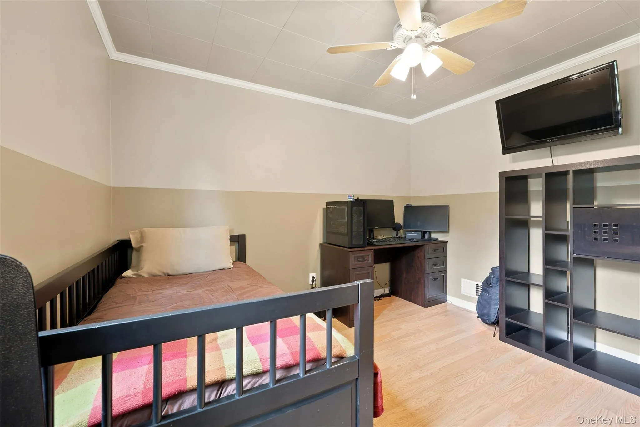Bedroom featuring wood-finish flooring, two-tone wall paint, crown molding, and a ceiling fan with light fixture Bedroom featuring wood-finish flooring, two-tone wall paint, crown molding, and a ceiling fan with light fixture