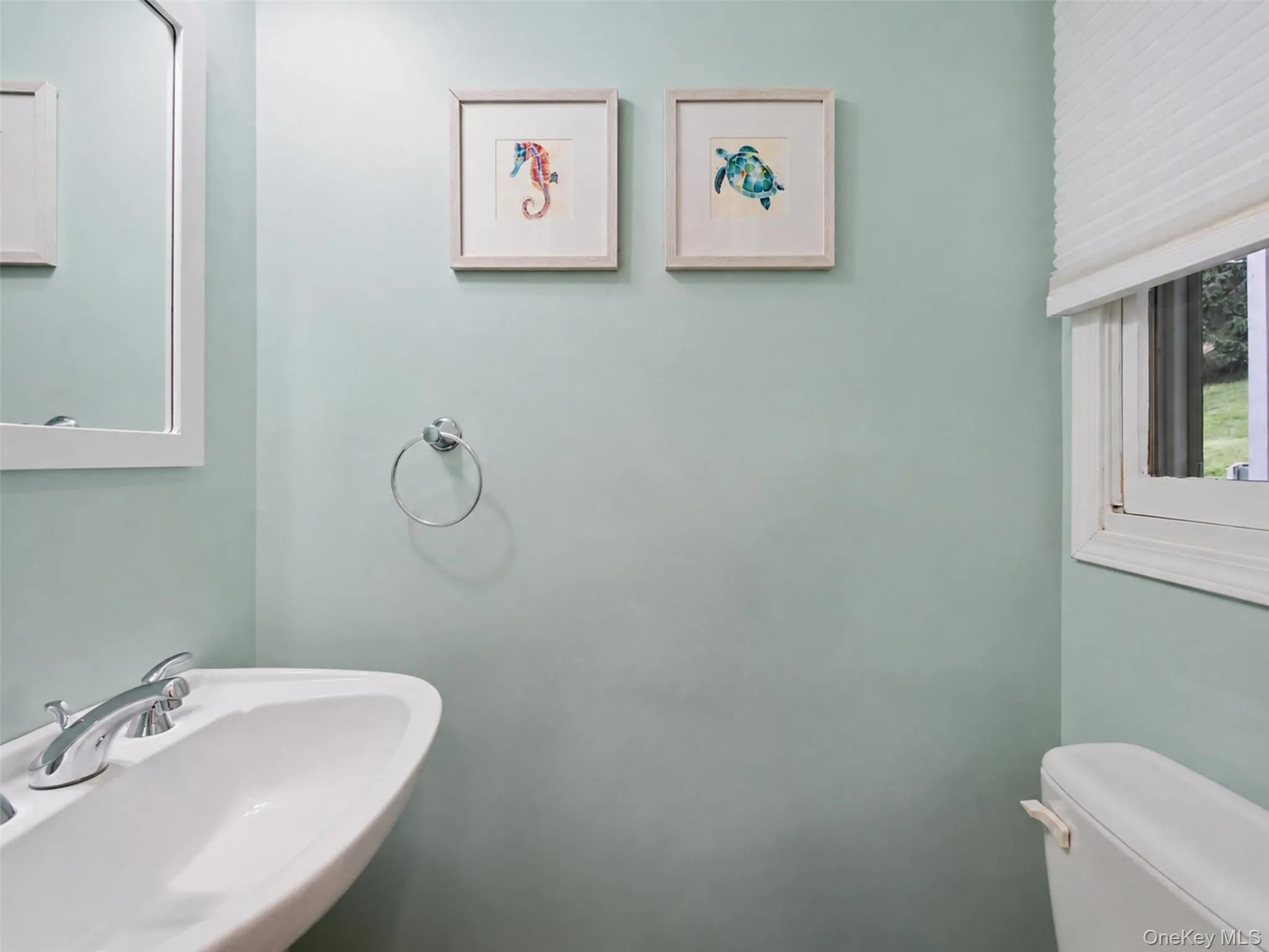 Pedestal sink with chrome faucet, framed mirror, and a window with a cellular blind Pedestal sink with chrome faucet, framed mirror, and a window with a cellular blind