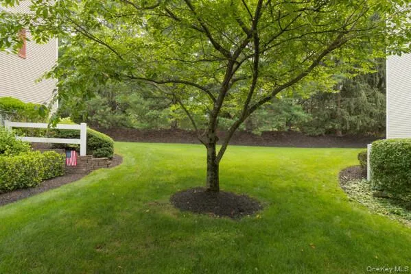 Expansive green lawn with mature tree, surrounded by established landscaping beds Expansive green lawn with mature tree, surrounded by established landscaping beds