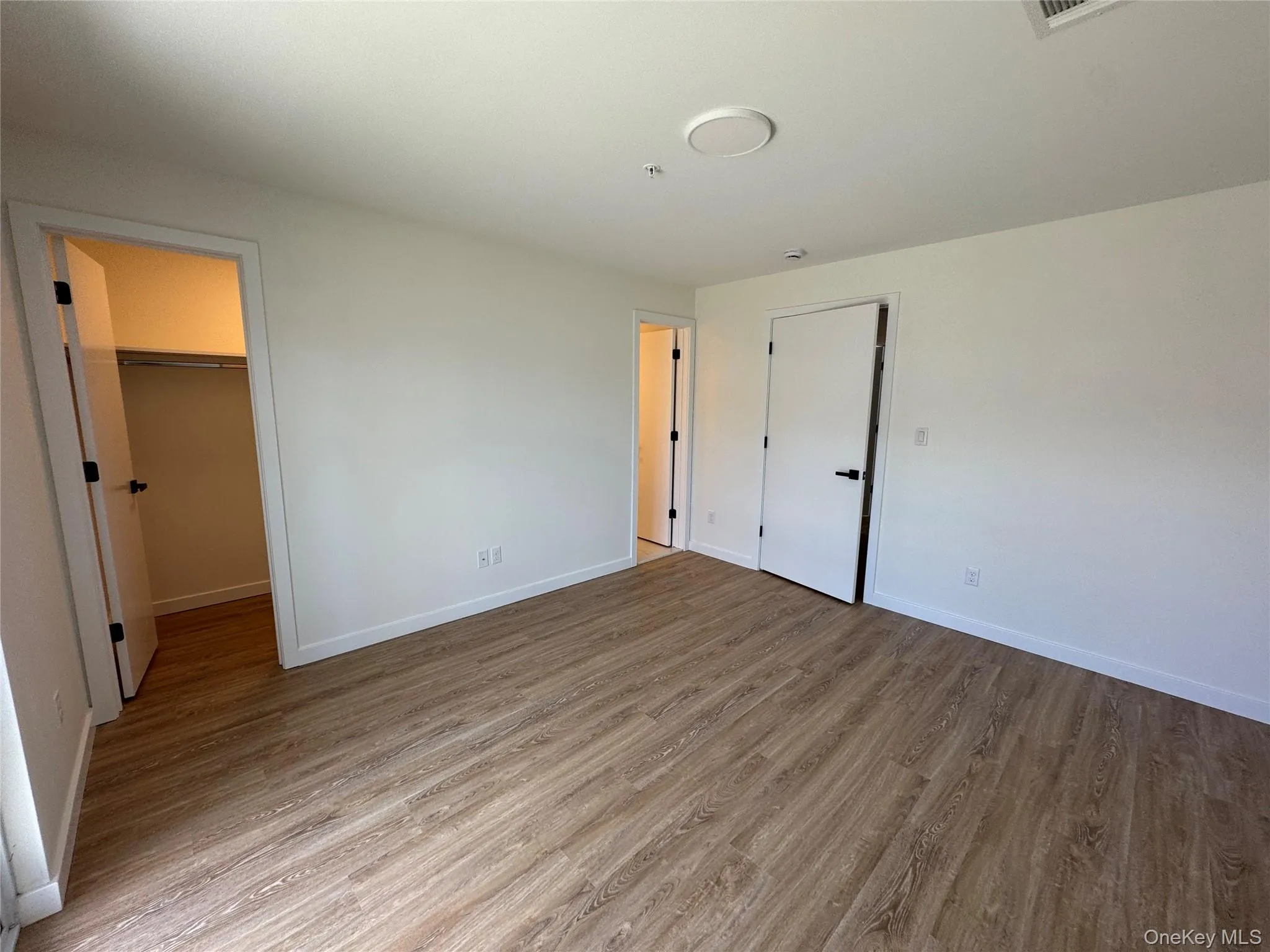 Unfurnished bedroom featuring wood finished floors, baseboards, a closet, and a spacious closet Unfurnished bedroom featuring wood finished floors, baseboards, a closet, and a spacious closet