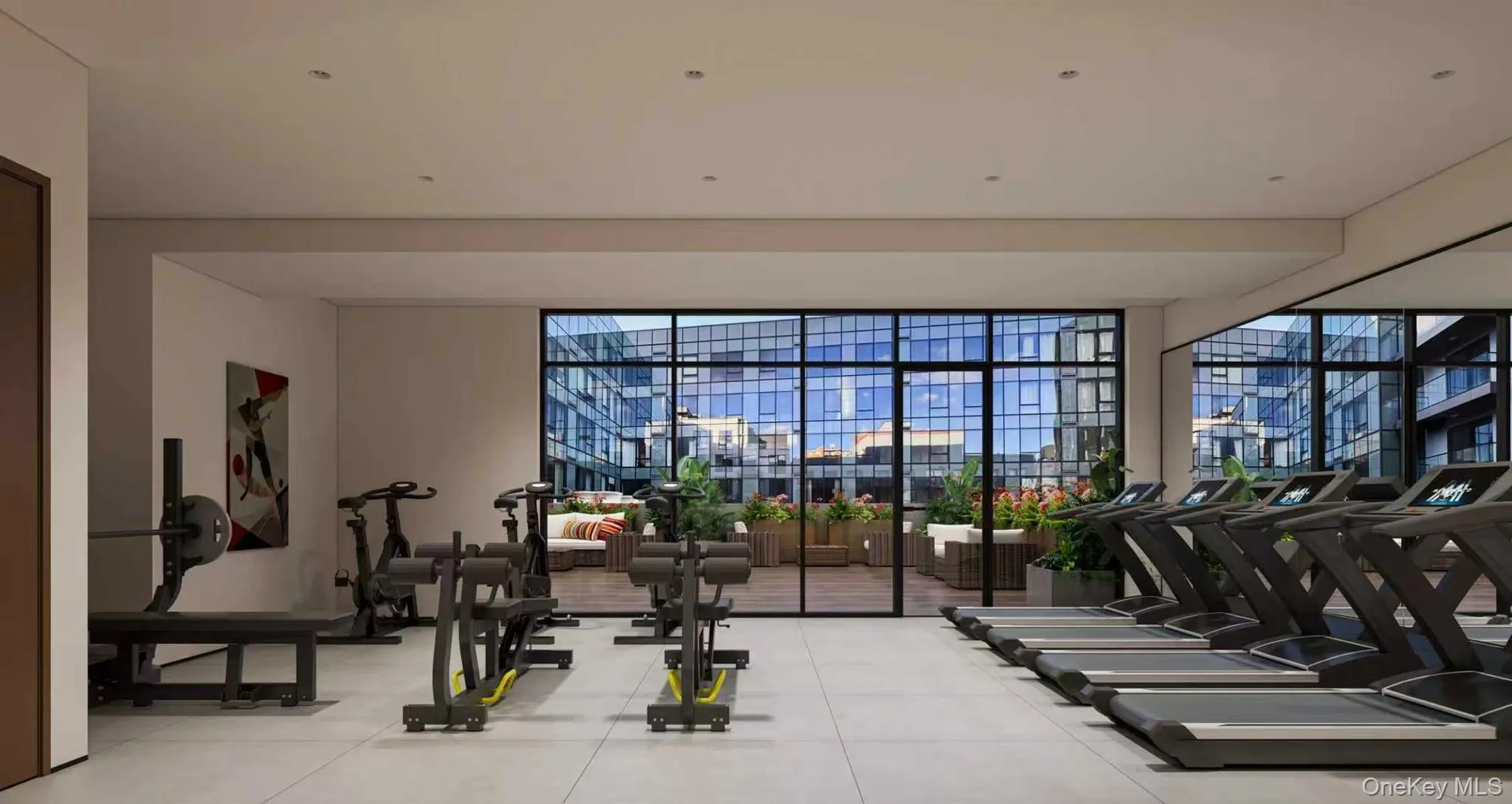 Gym with floor to ceiling windows Gym with floor to ceiling windows