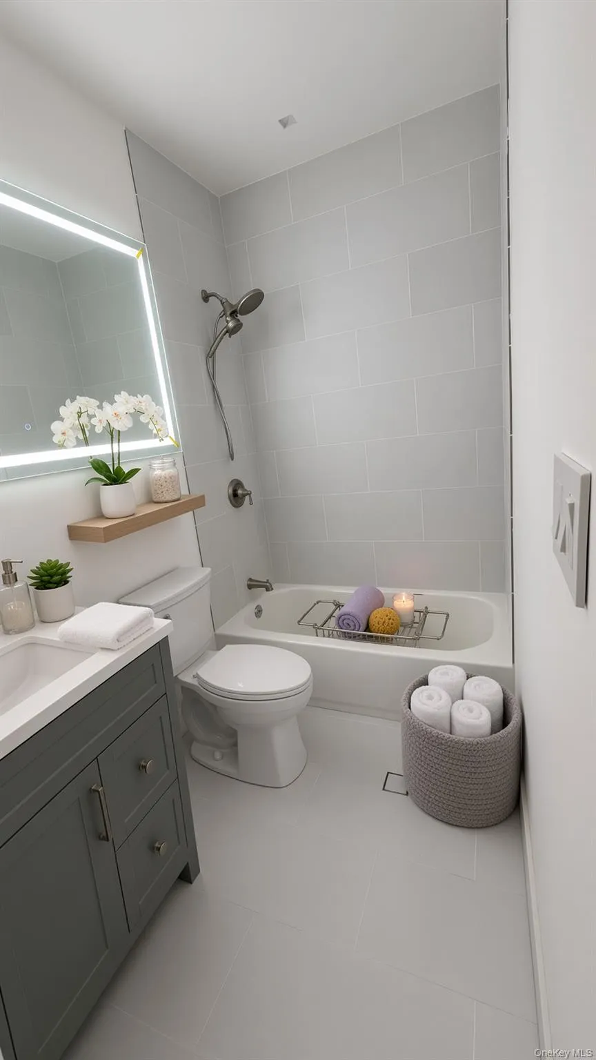White subway stone tile shower surround, integrated bathtub, and a dark gray/sage vanity with a white countertop White subway stone tile shower surround, integrated bathtub, and a dark gray/sage vanity with a white countertop