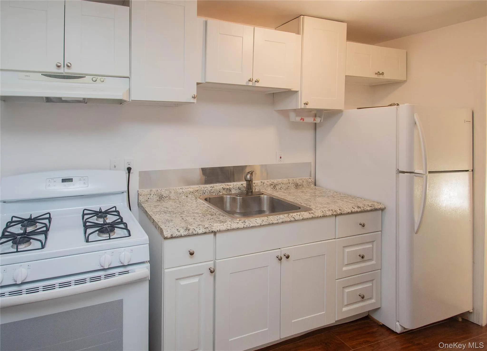 Fridge, sink, stove, cabinets Fridge, sink, stove, cabinets