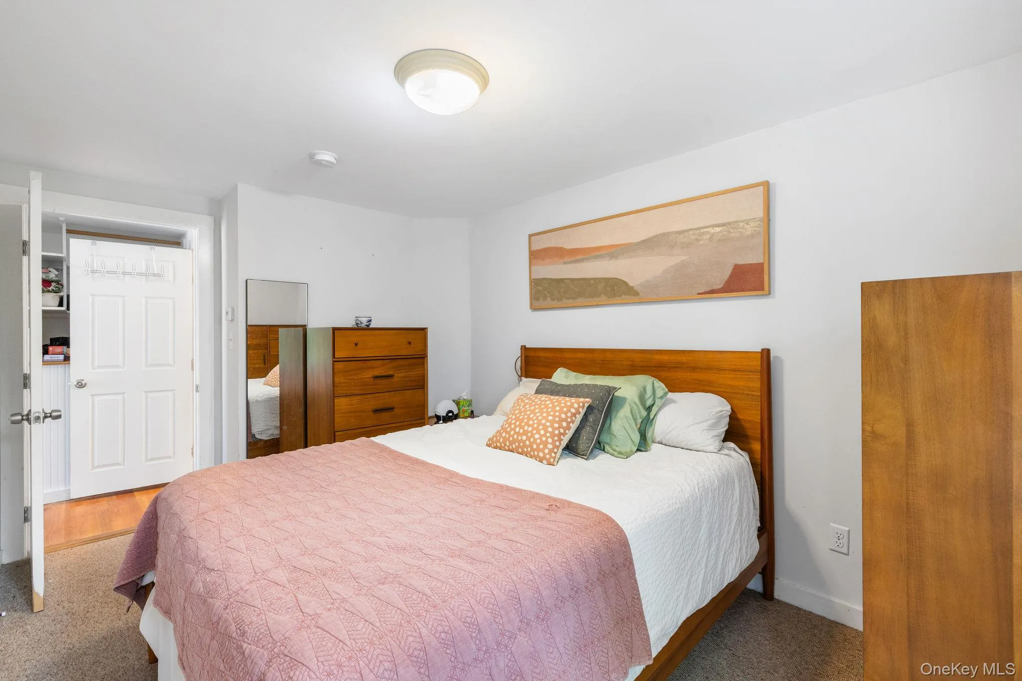 Carpeted room with white walls, a flush-mount ceiling light, and a paneled closet door Carpeted room with white walls, a flush-mount ceiling light, and a paneled closet door
