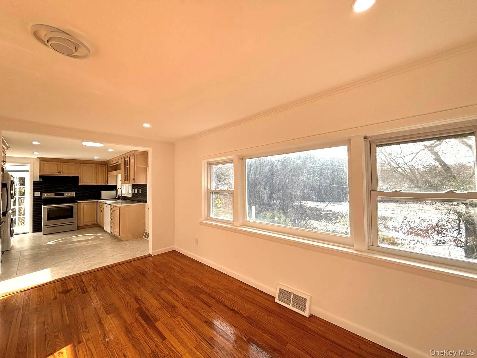 Unfurnished living room featuring hardwood / wood-style flooring, ornamental molding, and sink Unfurnished living room featuring hardwood / wood-style flooring, ornamental molding, and sink