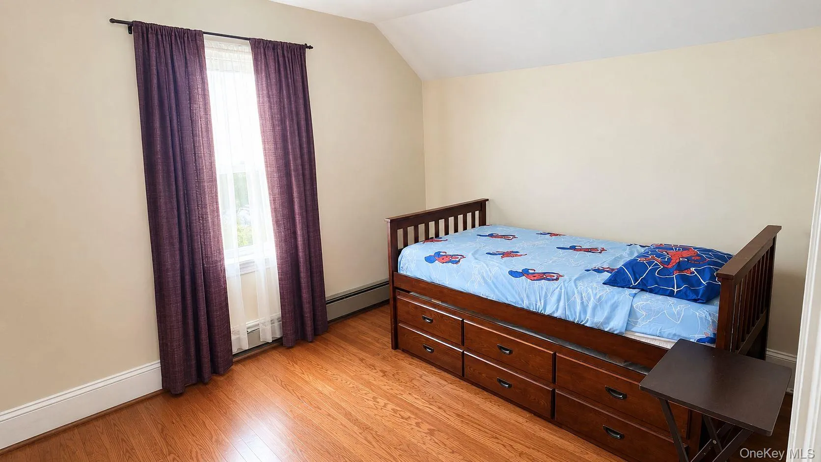 Room featuring wood-finish flooring, neutral wall paint, and a window with a baseboard radiator Room featuring wood-finish flooring, neutral wall paint, and a window with a baseboard radiator