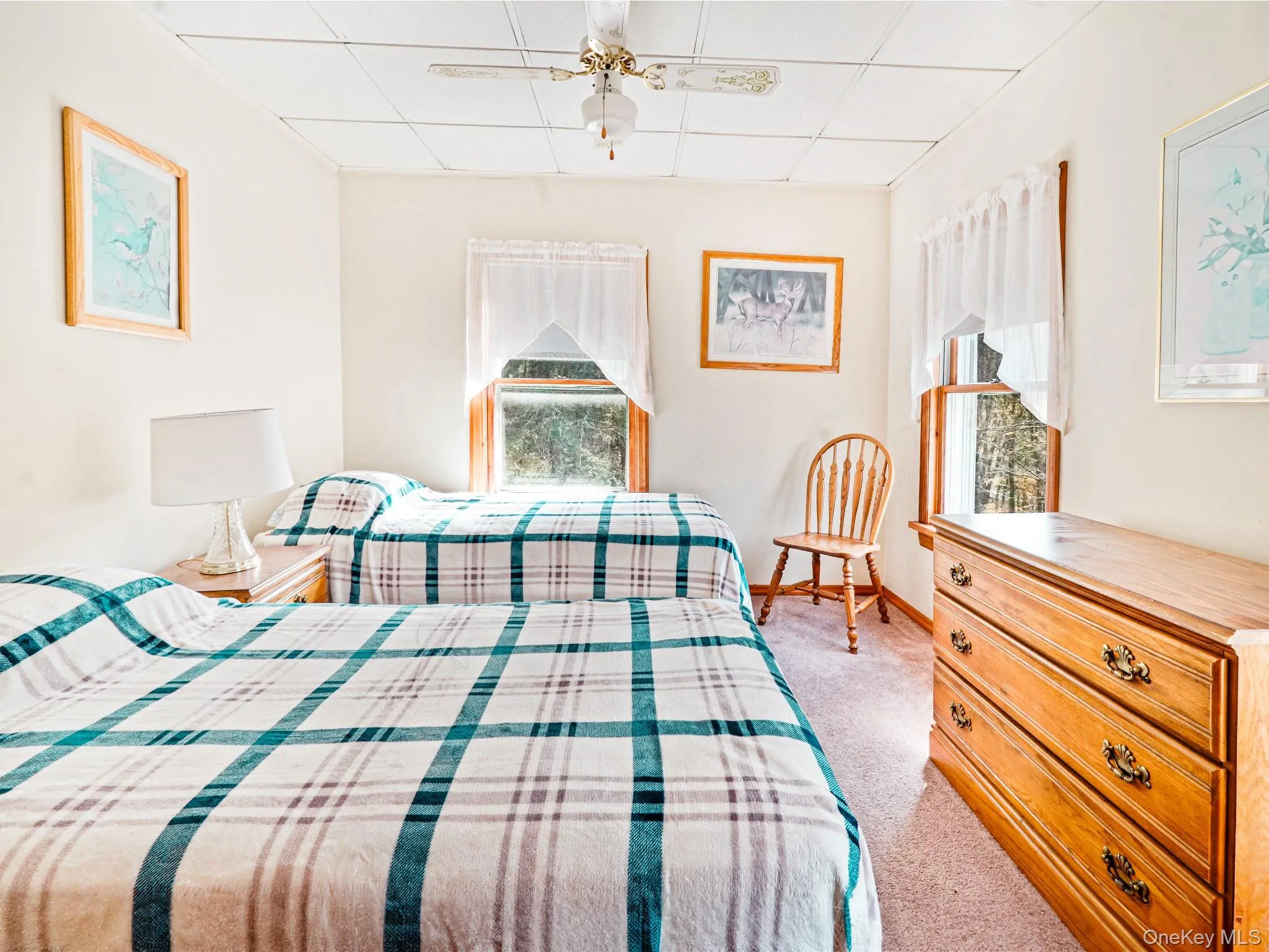 Carpeted bedroom with a paneled ceiling and baseboards Carpeted bedroom with a paneled ceiling and baseboards