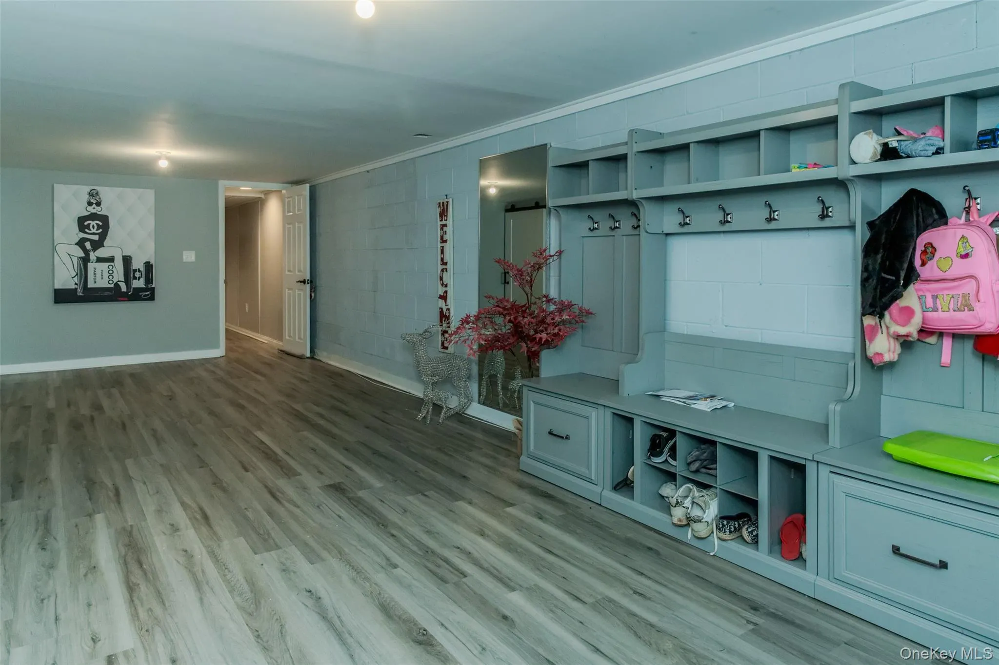 Mudroom with wood-type flooring and ornamental molding Mudroom with wood-type flooring and ornamental molding