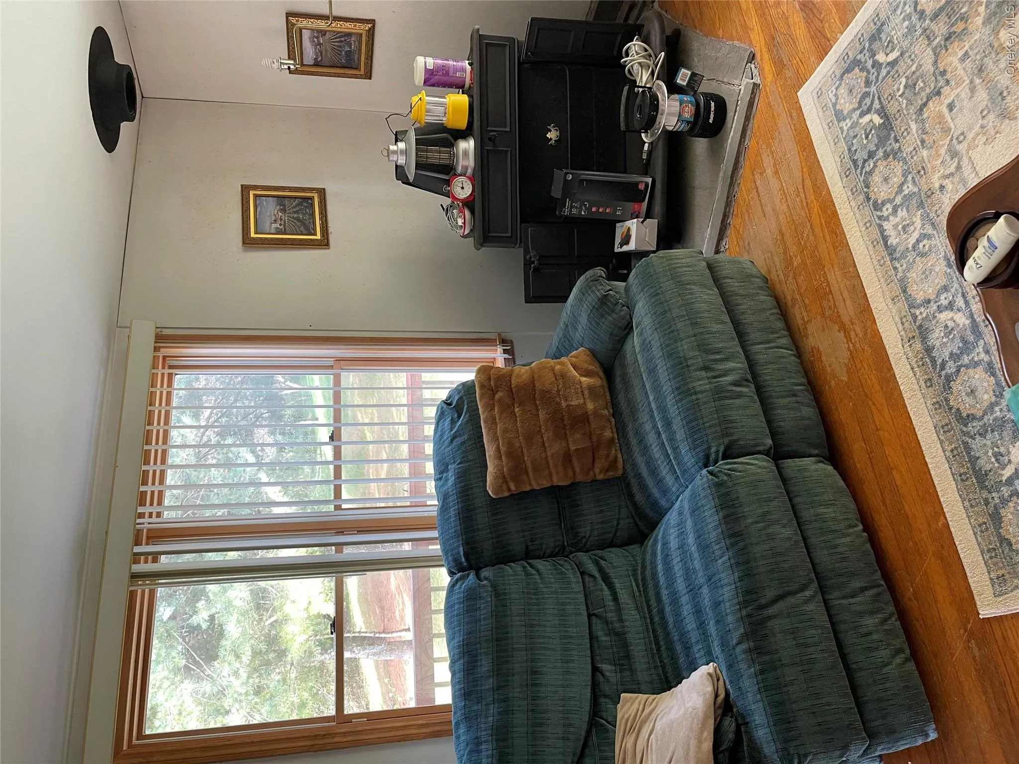 Warm wood-finish flooring with a decorative area rug Warm wood-finish flooring with a decorative area rug