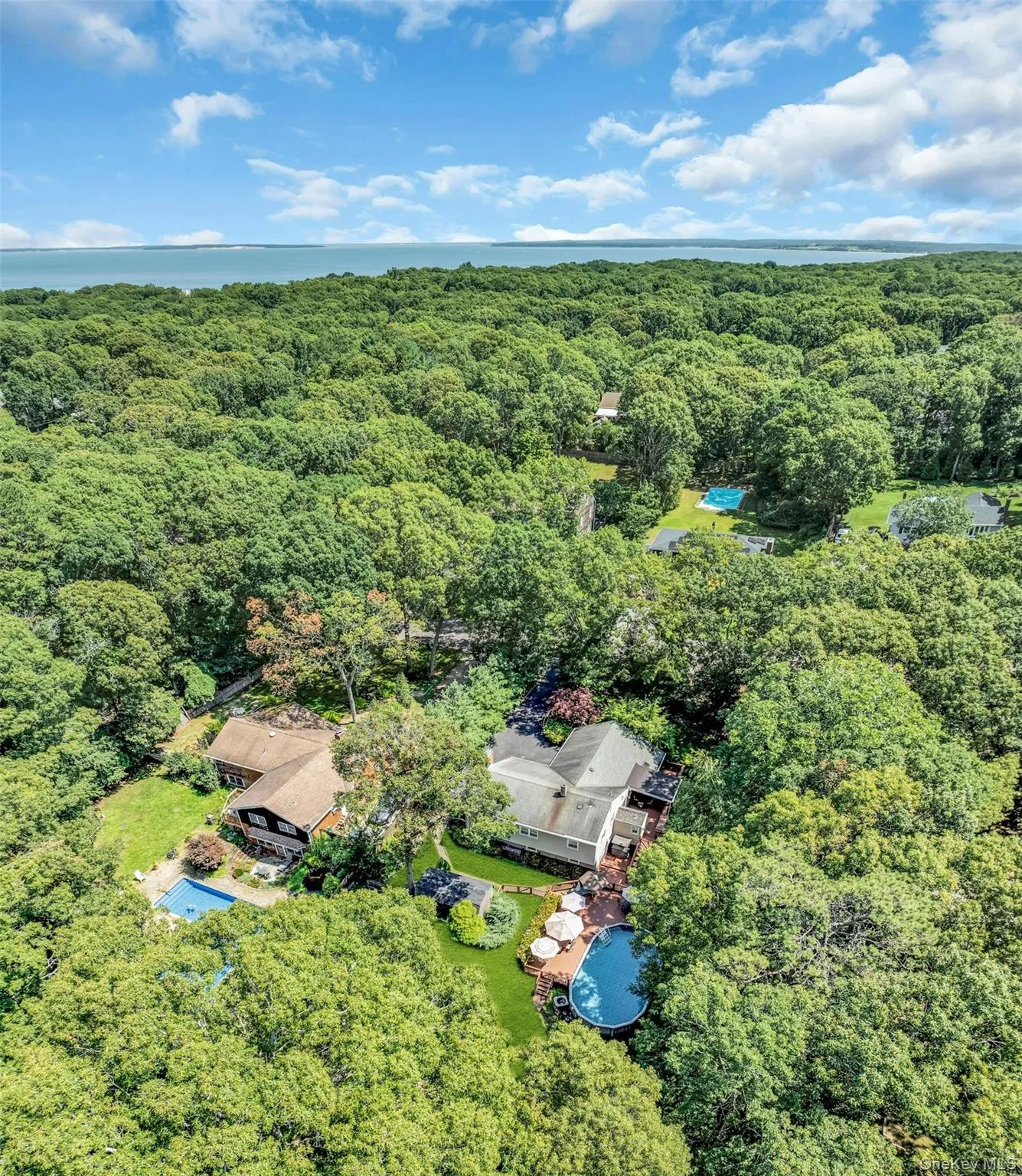 Aerial view showcasing a sprawling wooded estate with mature tree canopy, multiple residential structures, and resort-style amenities including an in-ground swimming pool, spa, and manicured grounds Aerial view showcasing a sprawling wooded estate with mature tree canopy, multiple residential structures, and resort-style amenities including an in-ground swimming pool, spa, and manicured grounds